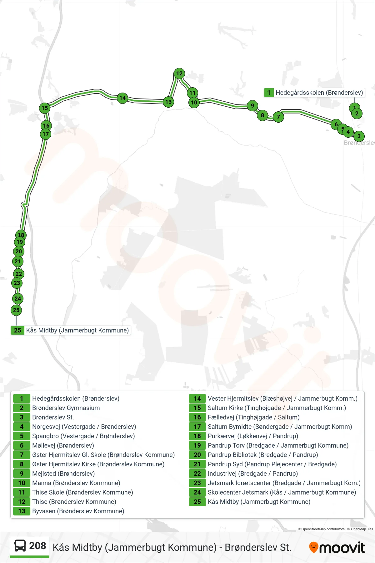 208 bus Line (Kås Midtby) route and stops on a map