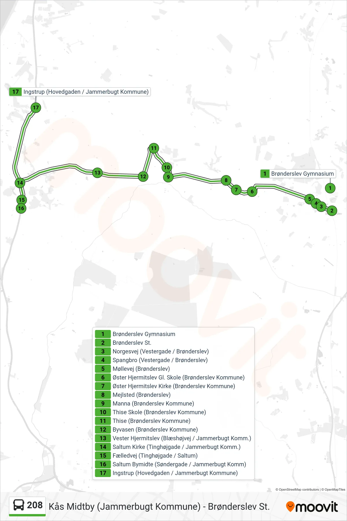 208 bus Line (Ingstrup) route and stops on a map