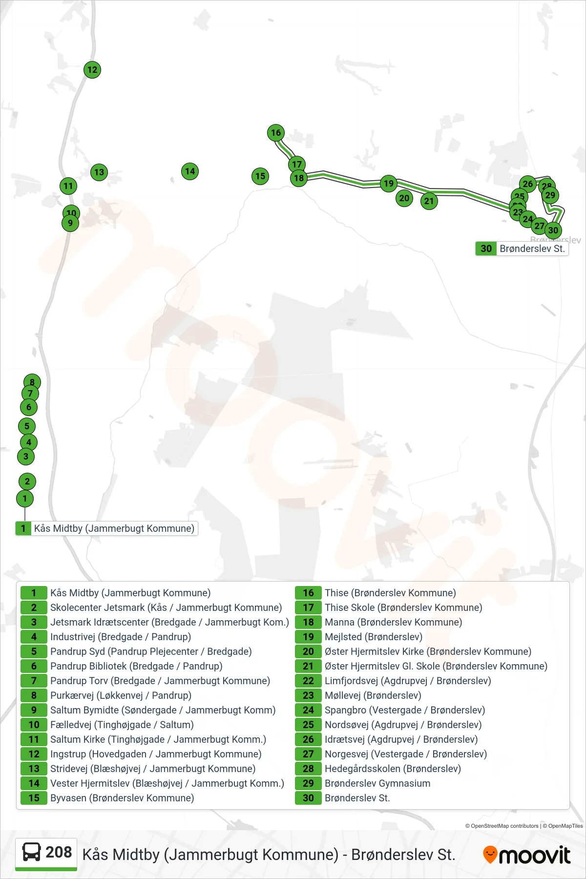 208 bus Linje (Brønderslev St. Via Gymnasiet) rute og stop på et kort