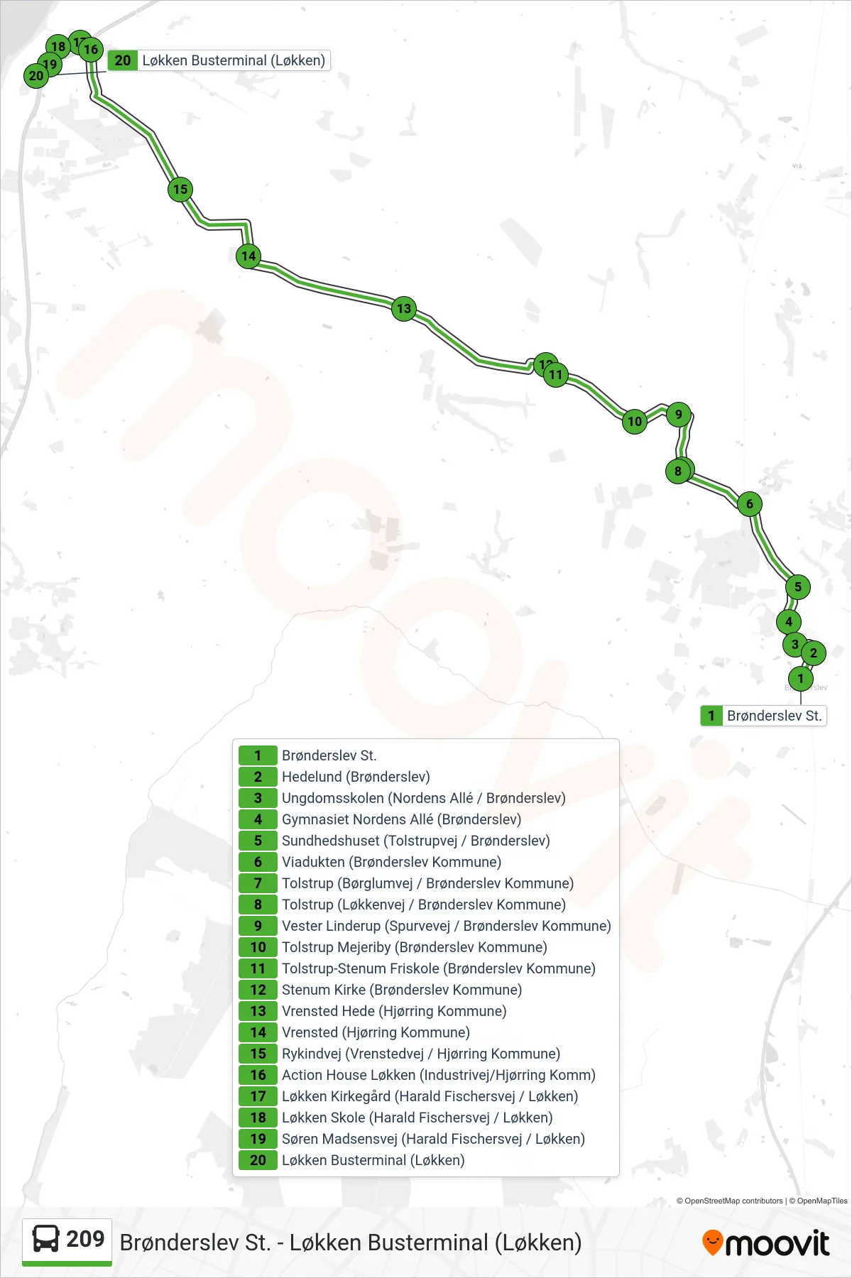 209 bus Linje (Løkken) rute og stop på et kort