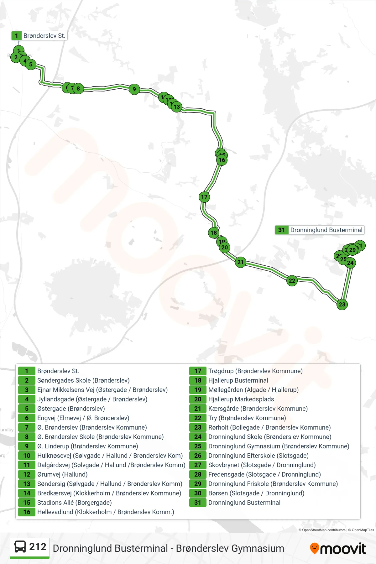 212 bus Linje (Dronninglund) rute og stop på et kort
