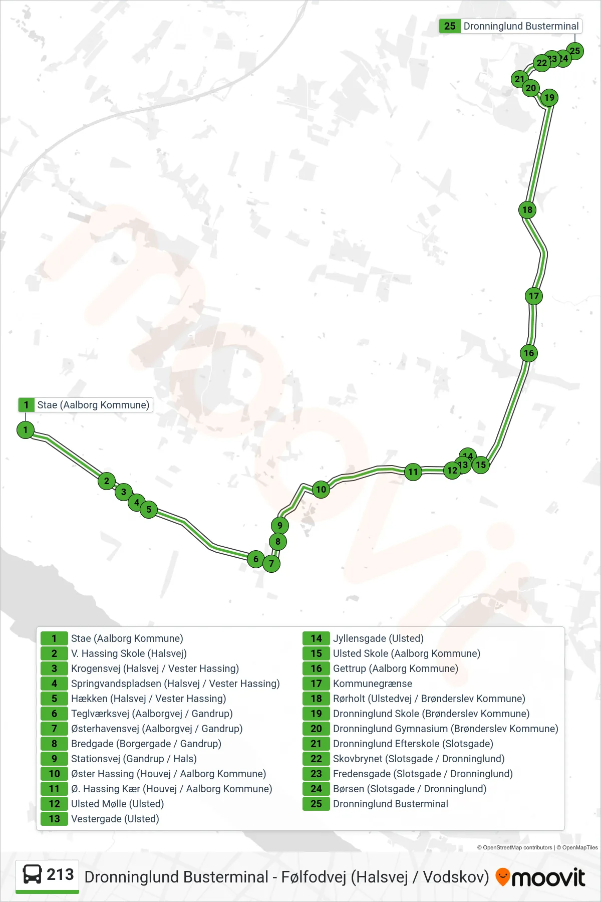 213 bus Linje (Dronninglund) rute og stop på et kort