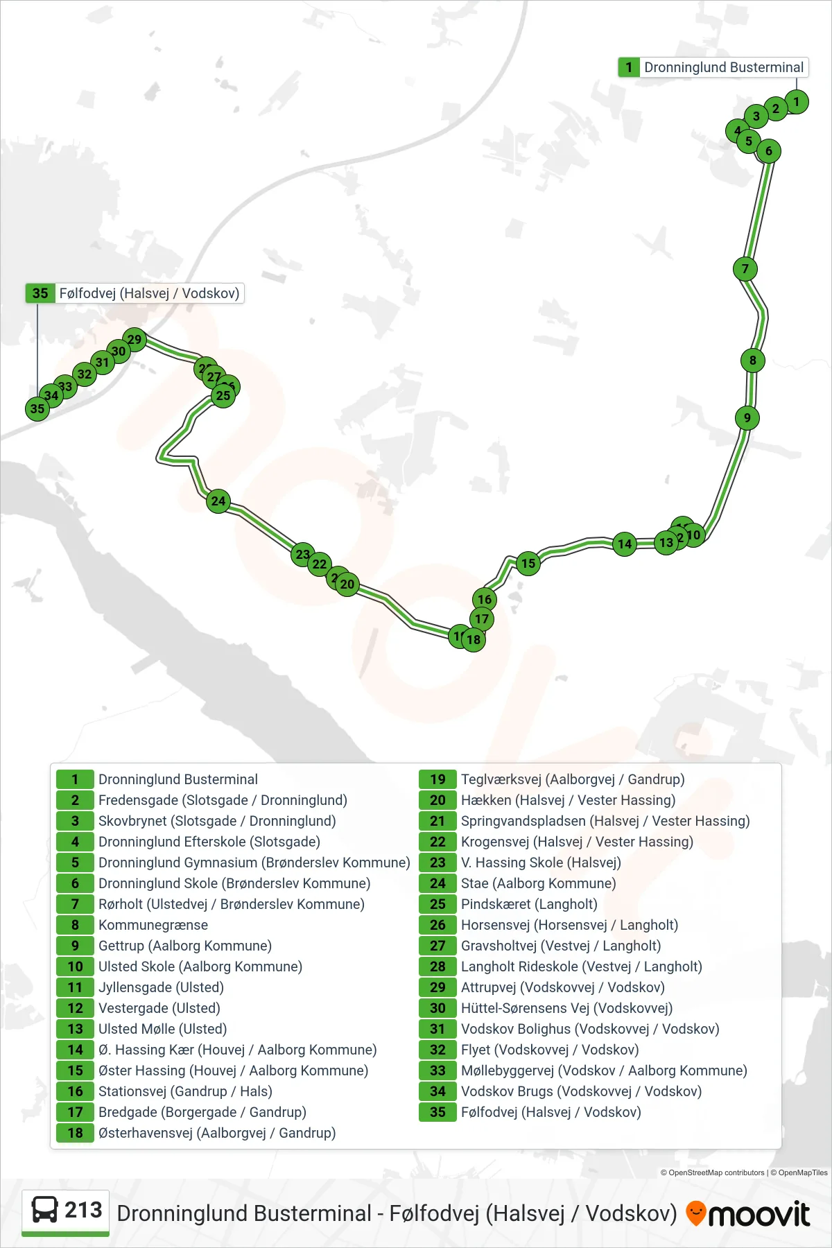 213 bus Linje (Vodskov Via Langholt) rute og stop på et kort