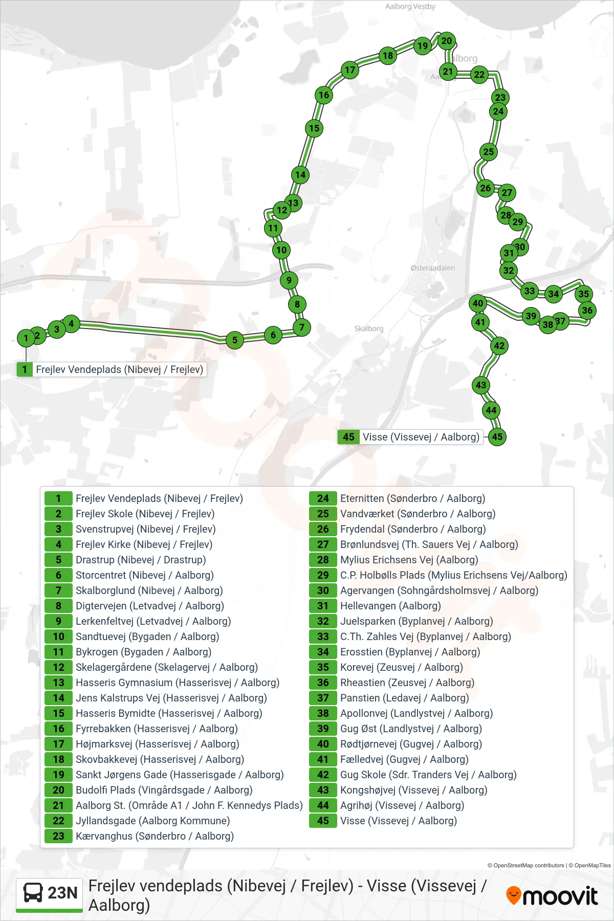 23N bus Line (Visse) route and stops on a map