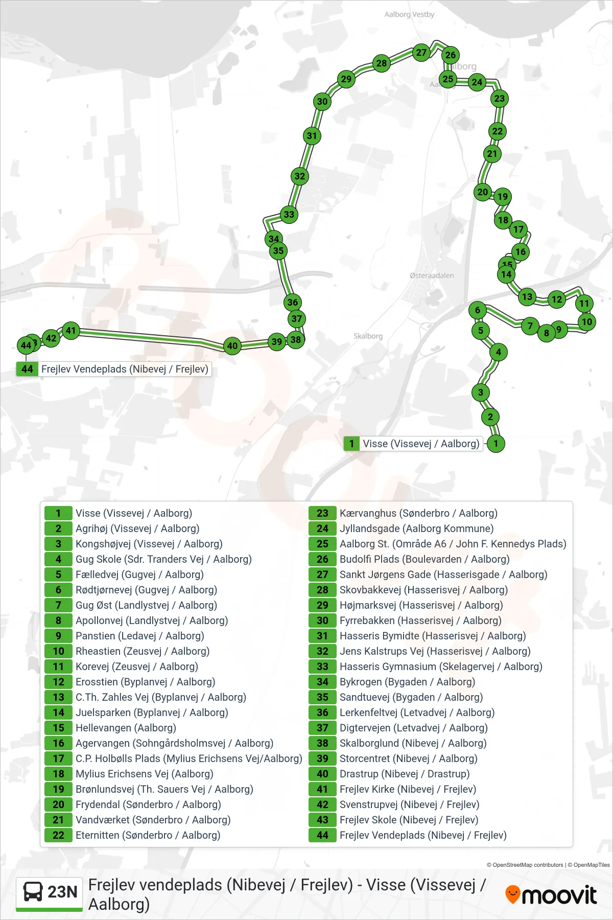 23N bus Linje (Frejlev) rute og stop på et kort