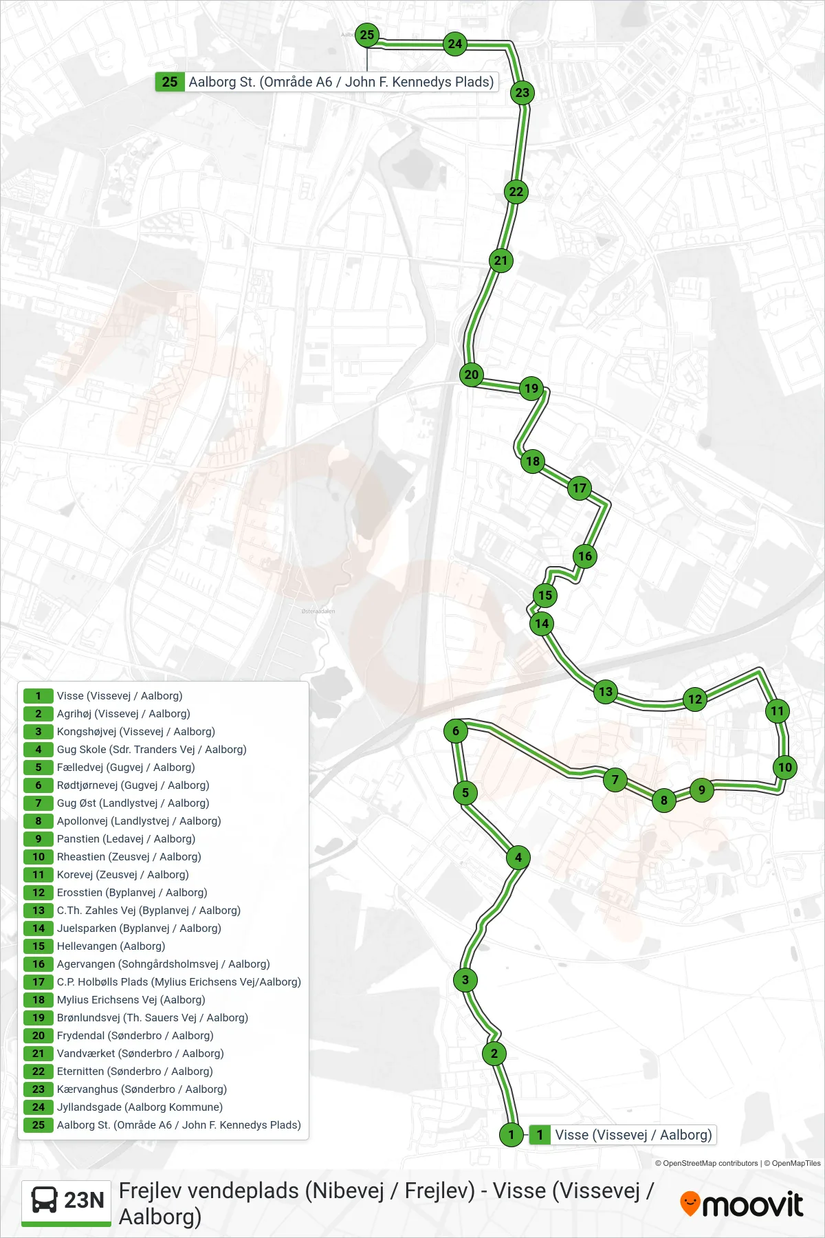 23N bus Linje (Aalborg St.) rute og stop på et kort
