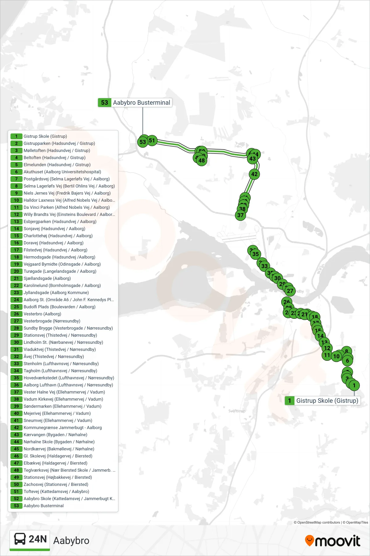 24N bus Linje (Aabybro) rute og stop på et kort
