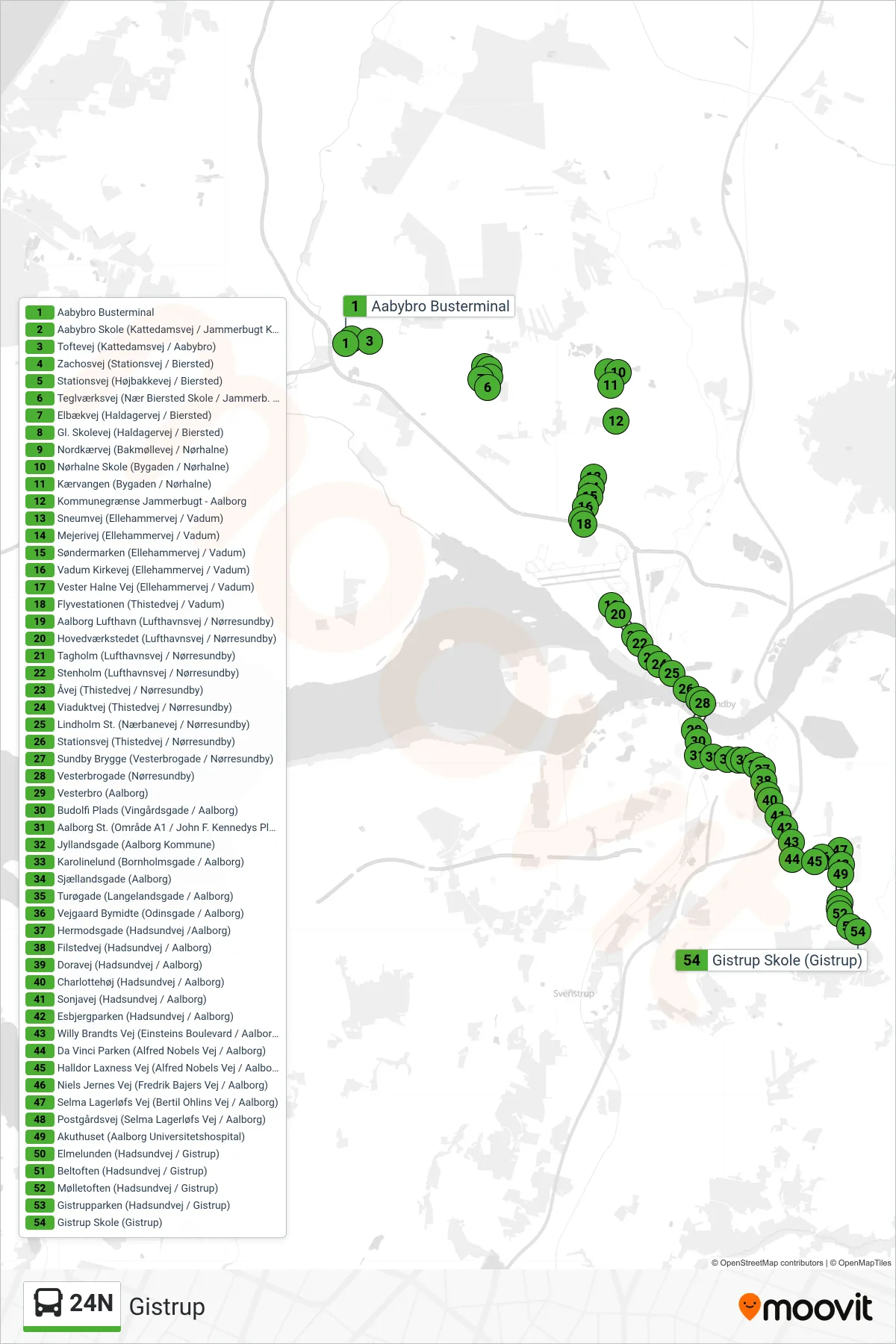 24N bus Linje (Gistrup) rute og stop på et kort