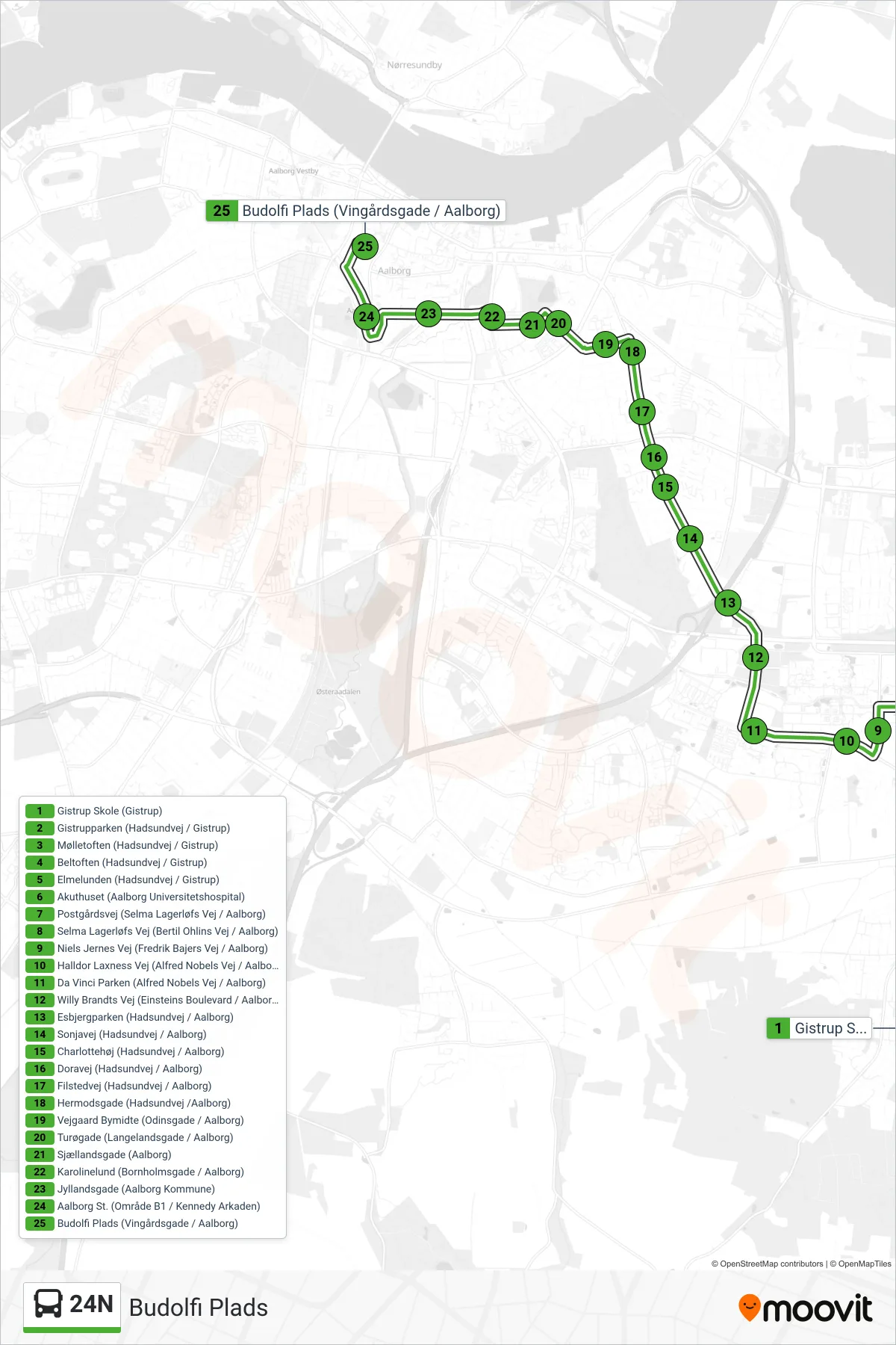 24N bus Linje (Budolfi Plads) rute og stop på et kort