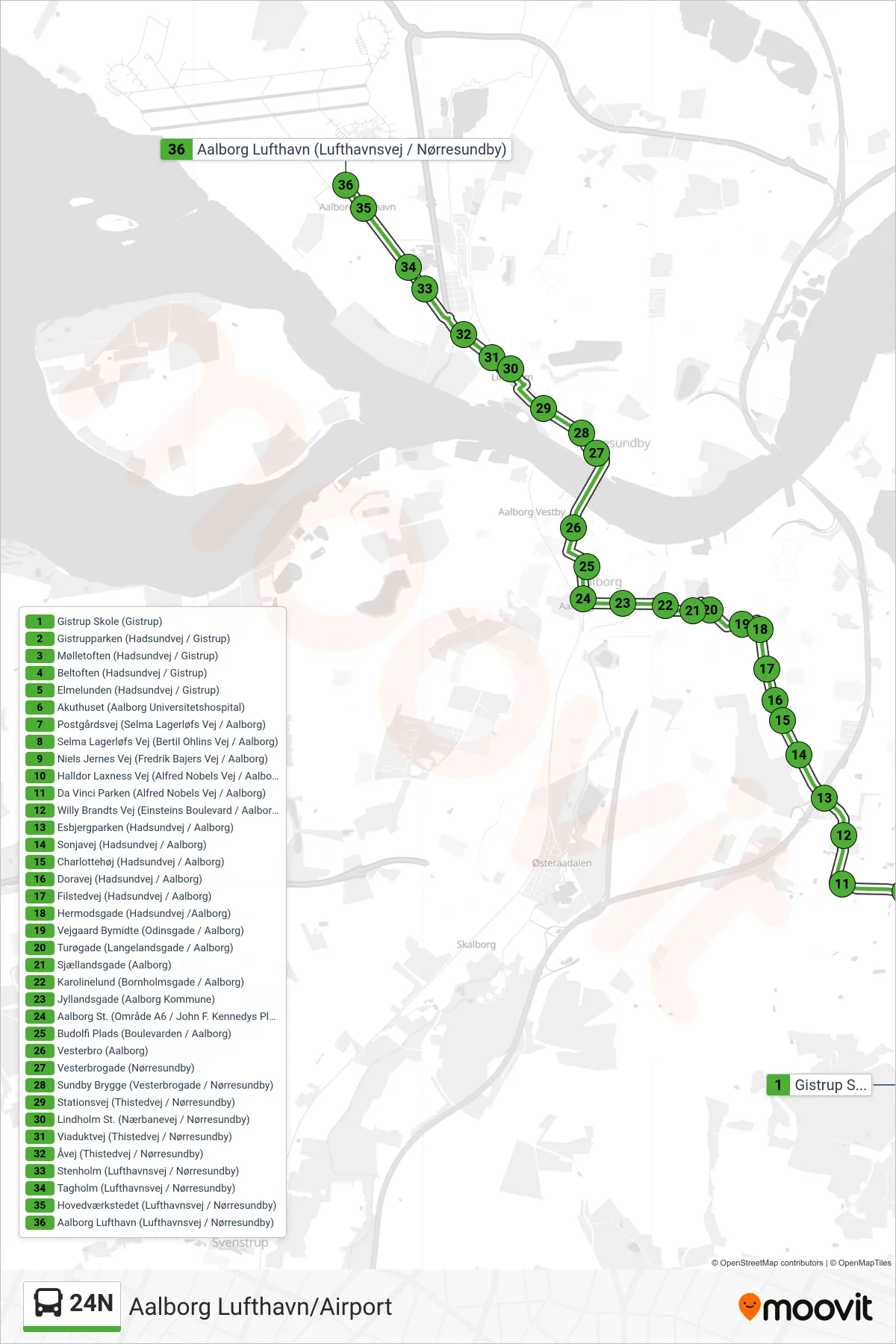 24N bus Linje (Aalborg Lufthavn/Airport) rute og stop på et kort