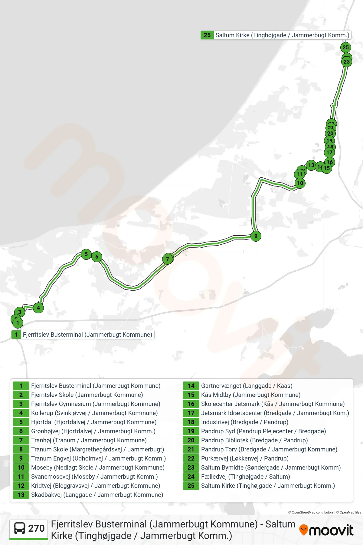 270 bus Linje (Saltum) rute og stop på et kort