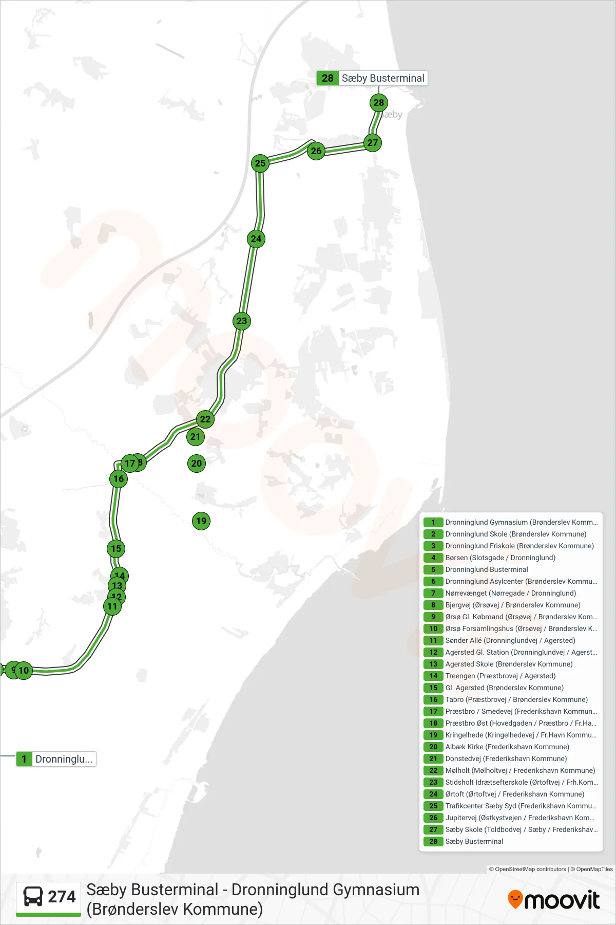 274 bus Line (Sæby Busterminal) route and stops on a map