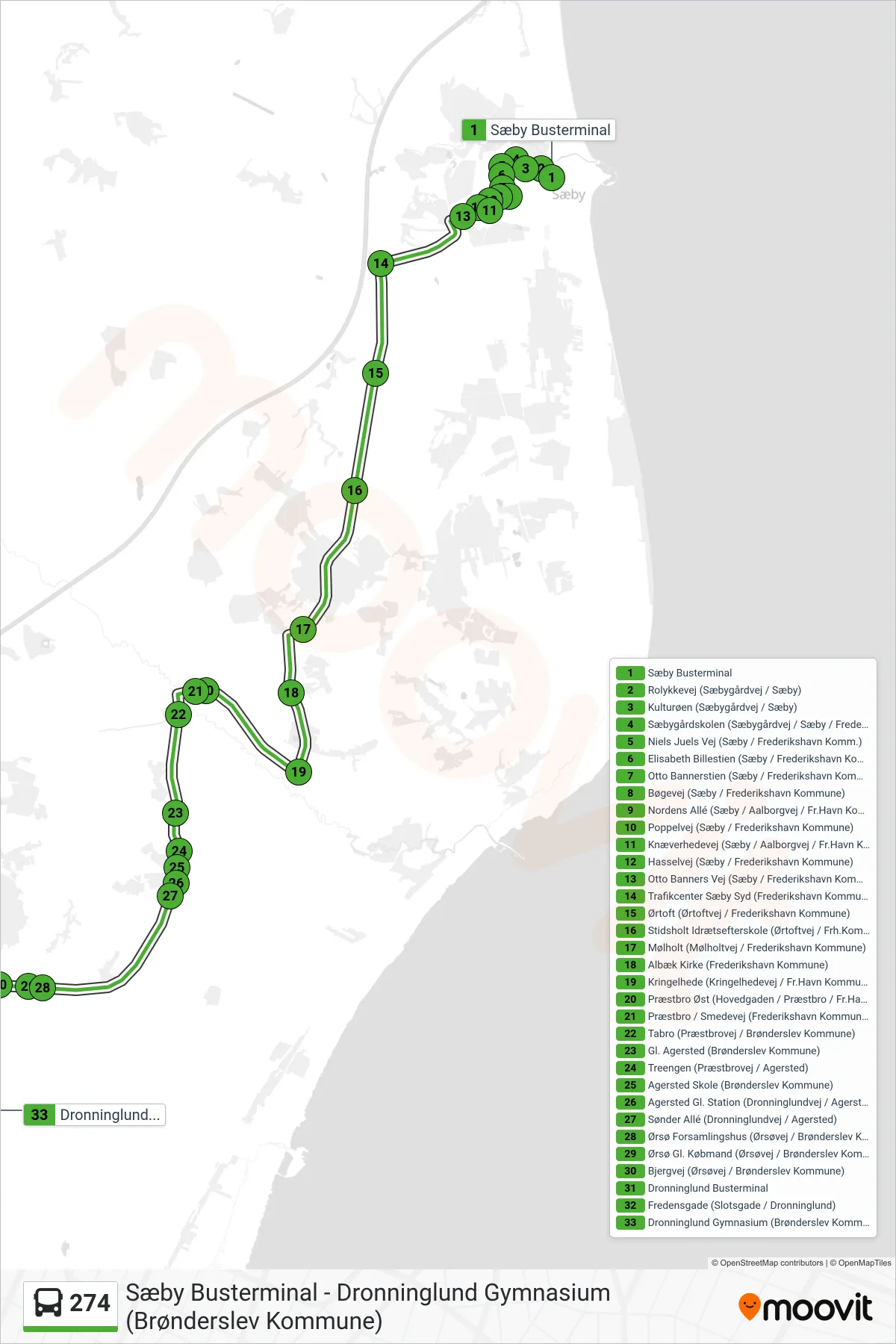 274 bus Linje (Dronninglund) rute og stop på et kort