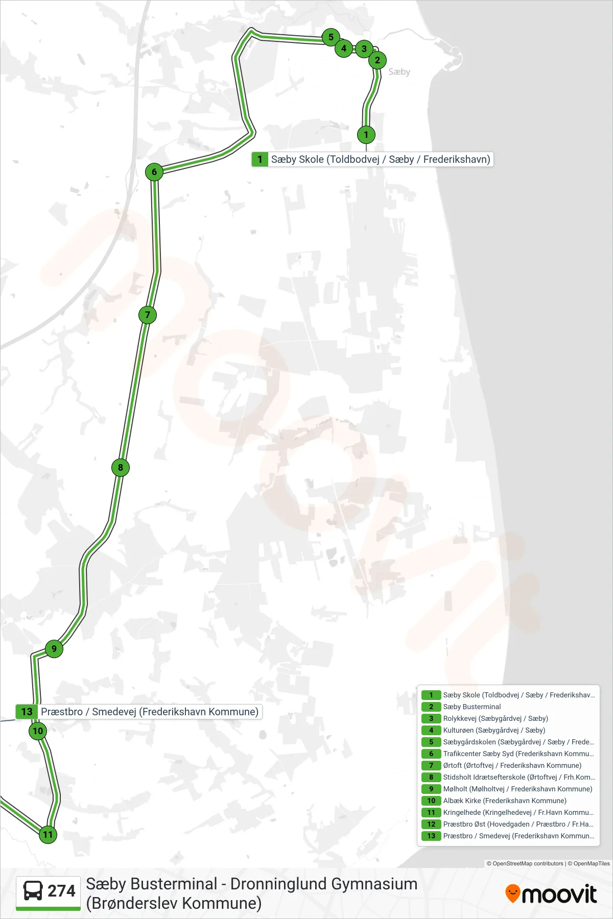 274 bus Linje (Præstbro) rute og stop på et kort