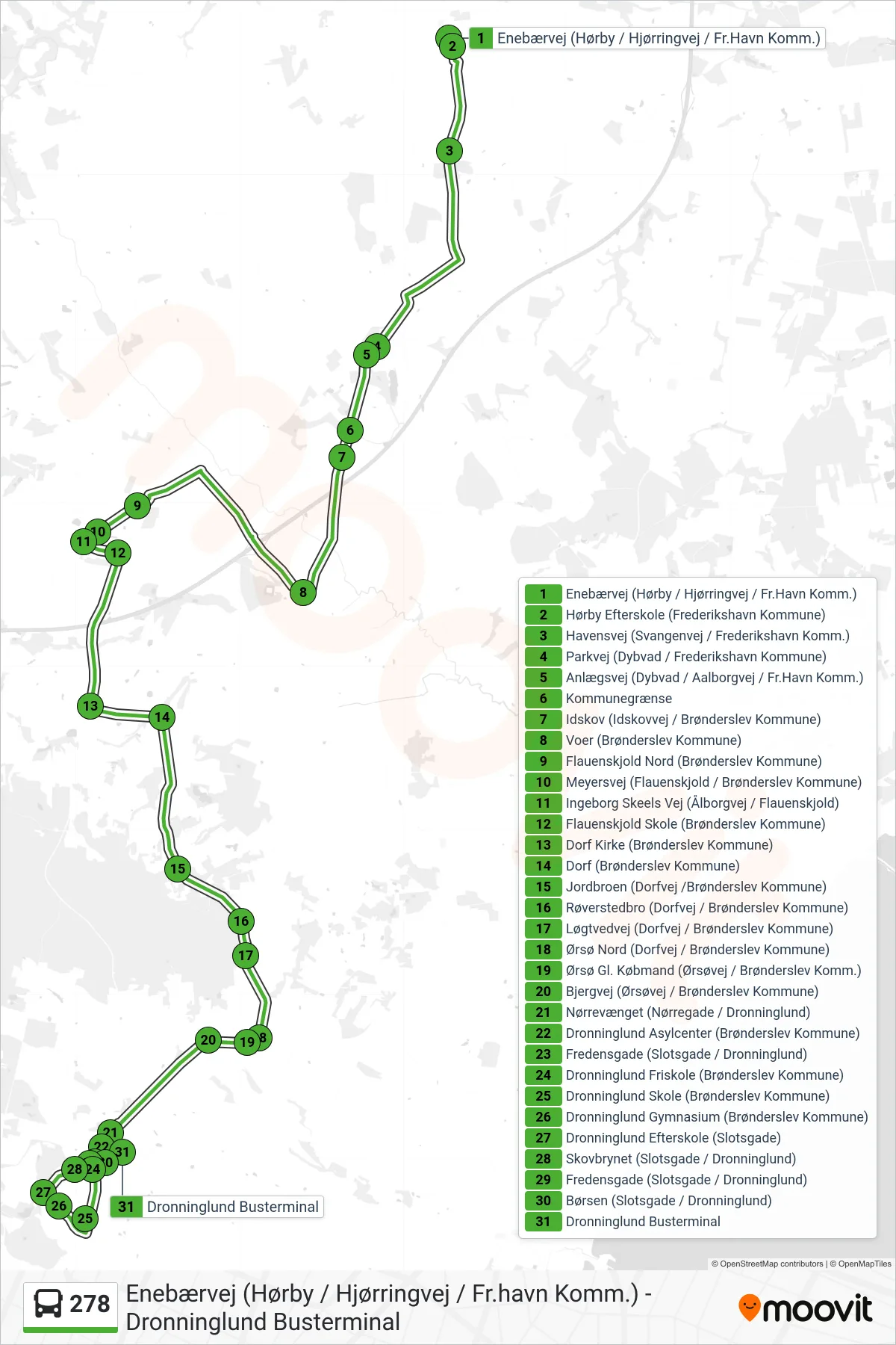 278 bus Linje (Dronninglund) rute og stop på et kort