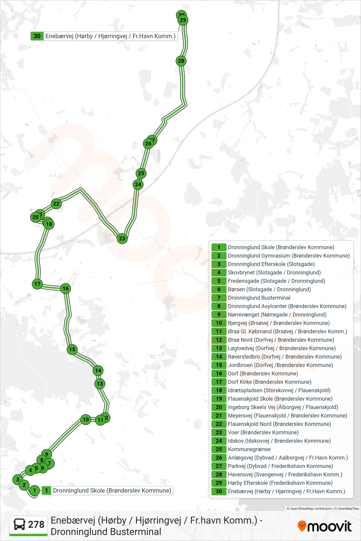 278 bus Linje (Hørby) rute og stop på et kort