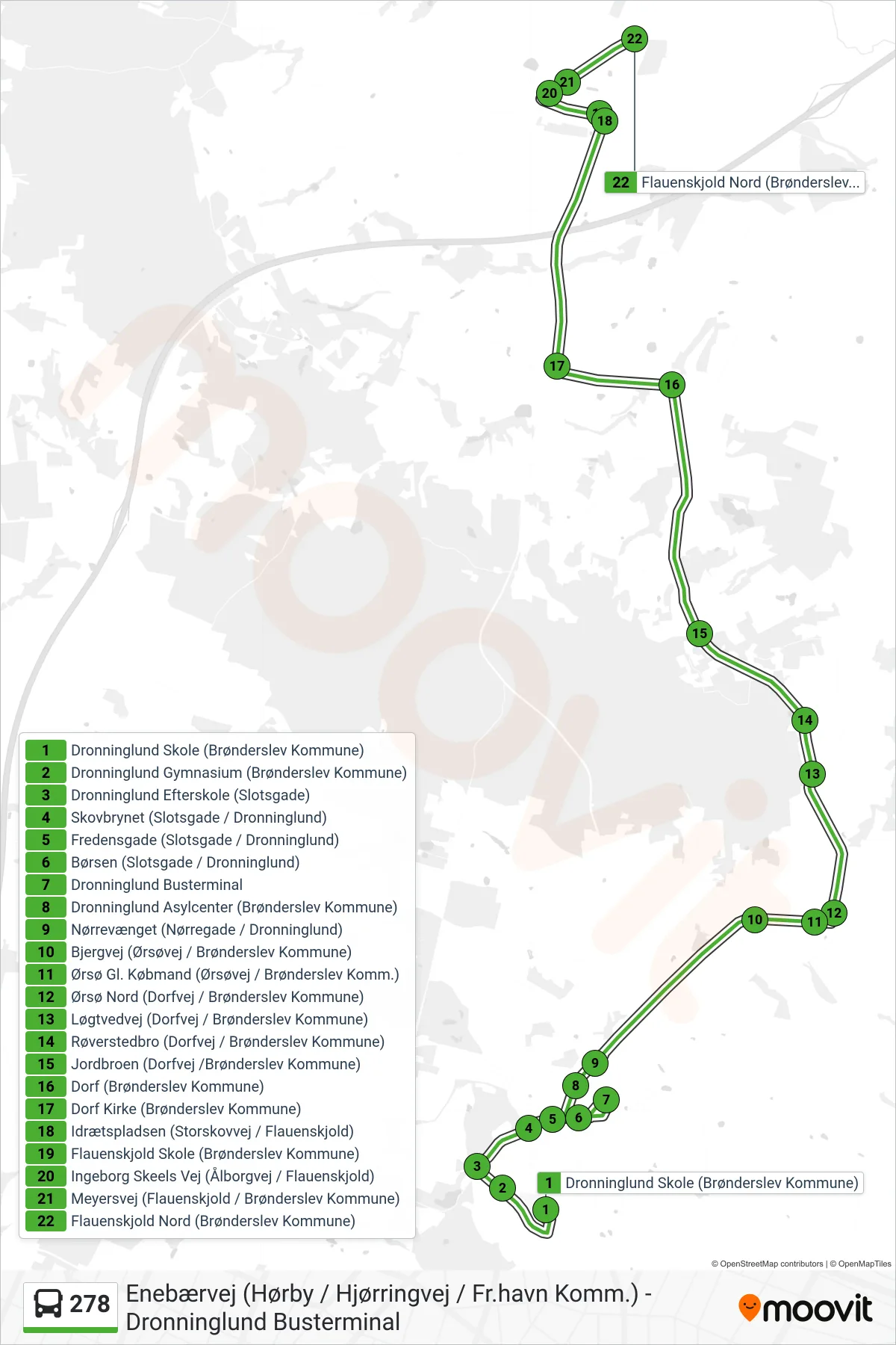 278 bus Linje (Flauenskjold) rute og stop på et kort