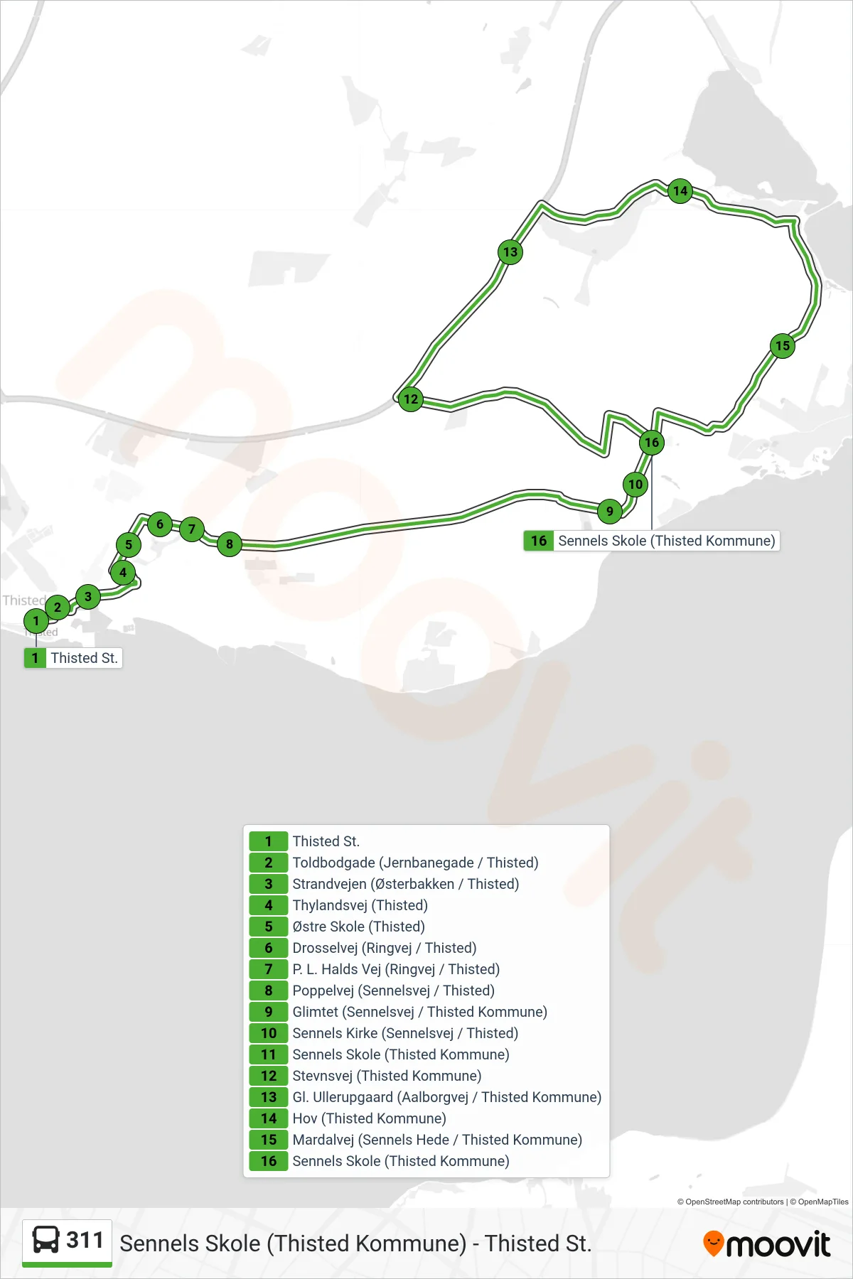 311 bus Linje (Sennels - Hov) rute og stop på et kort