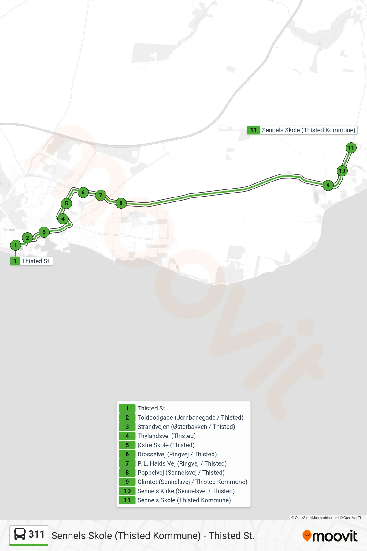 311 bus Linje (Sennels) rute og stop på et kort