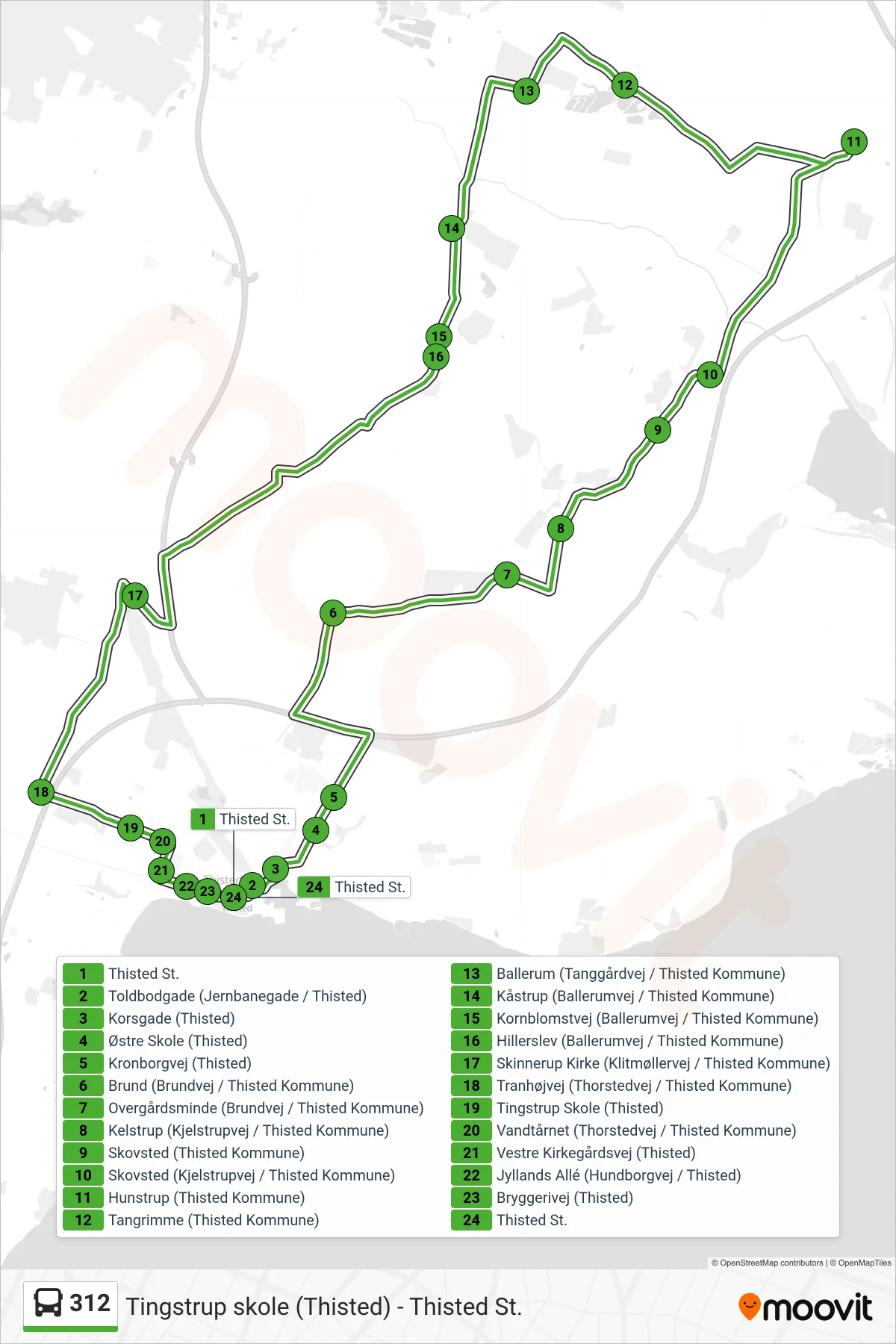312 bus Linje (Hillerslev - Thisted) rute og stop på et kort