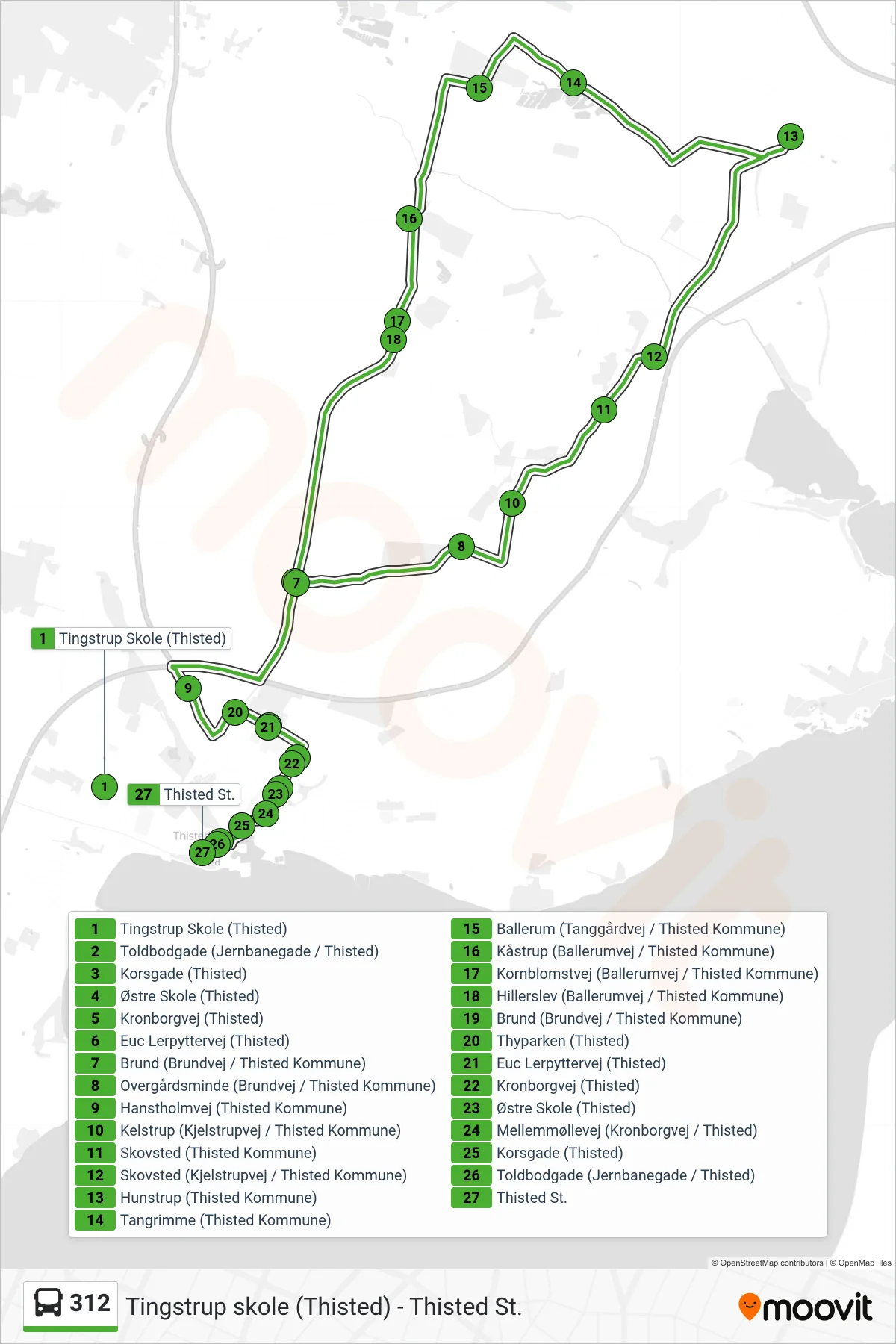 312 bus Linje (Thisted St.) rute og stop på et kort