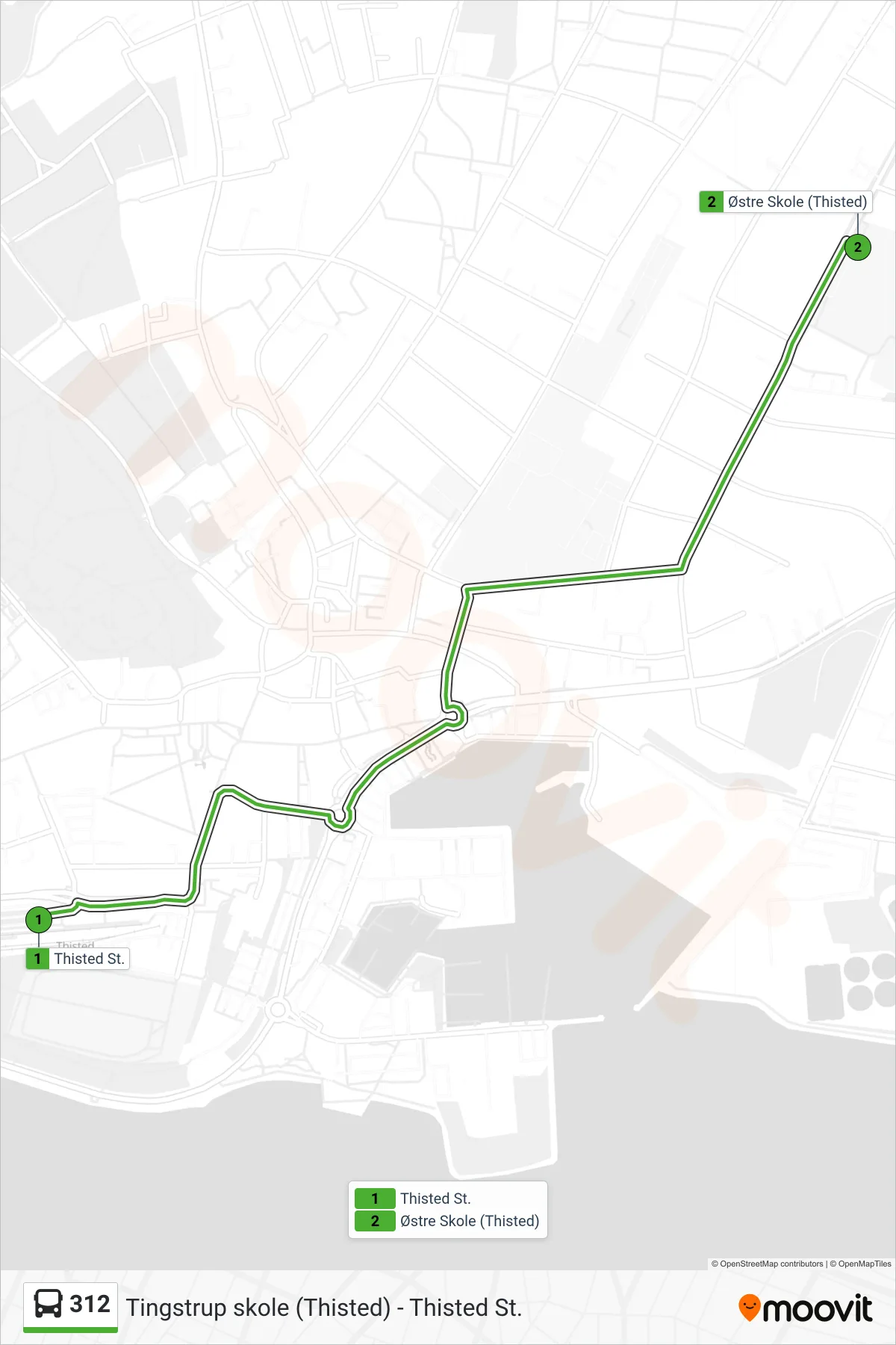 312 bus Linje (Østre Skole (Thisted)) rute og stop på et kort