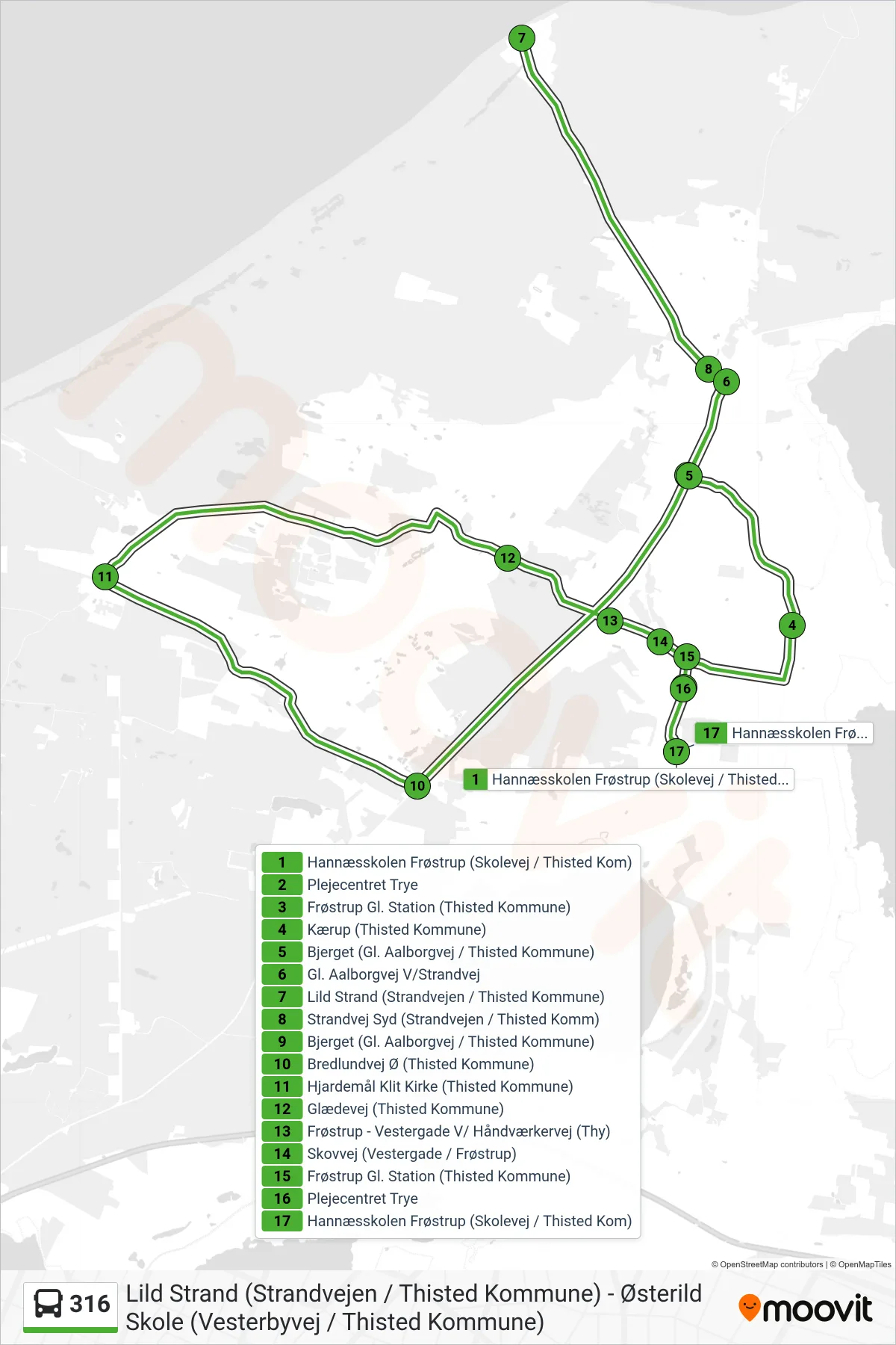 316 bus Linje (Hannæsskolen Frøstrup (Skolevej / Thisted Kom)) rute og stop på et kort
