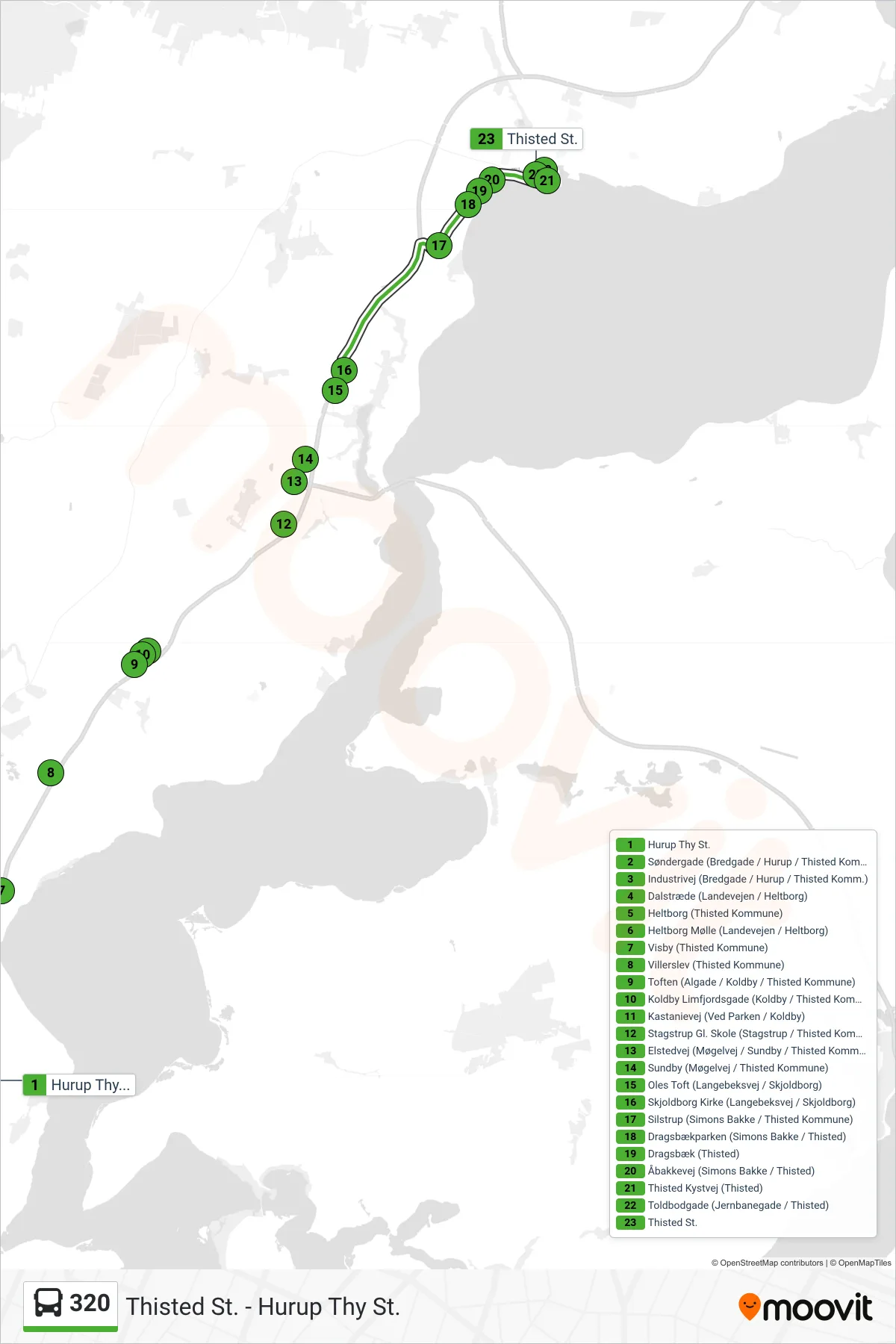 320 bus Line (Thisted St.) route and stops on a map