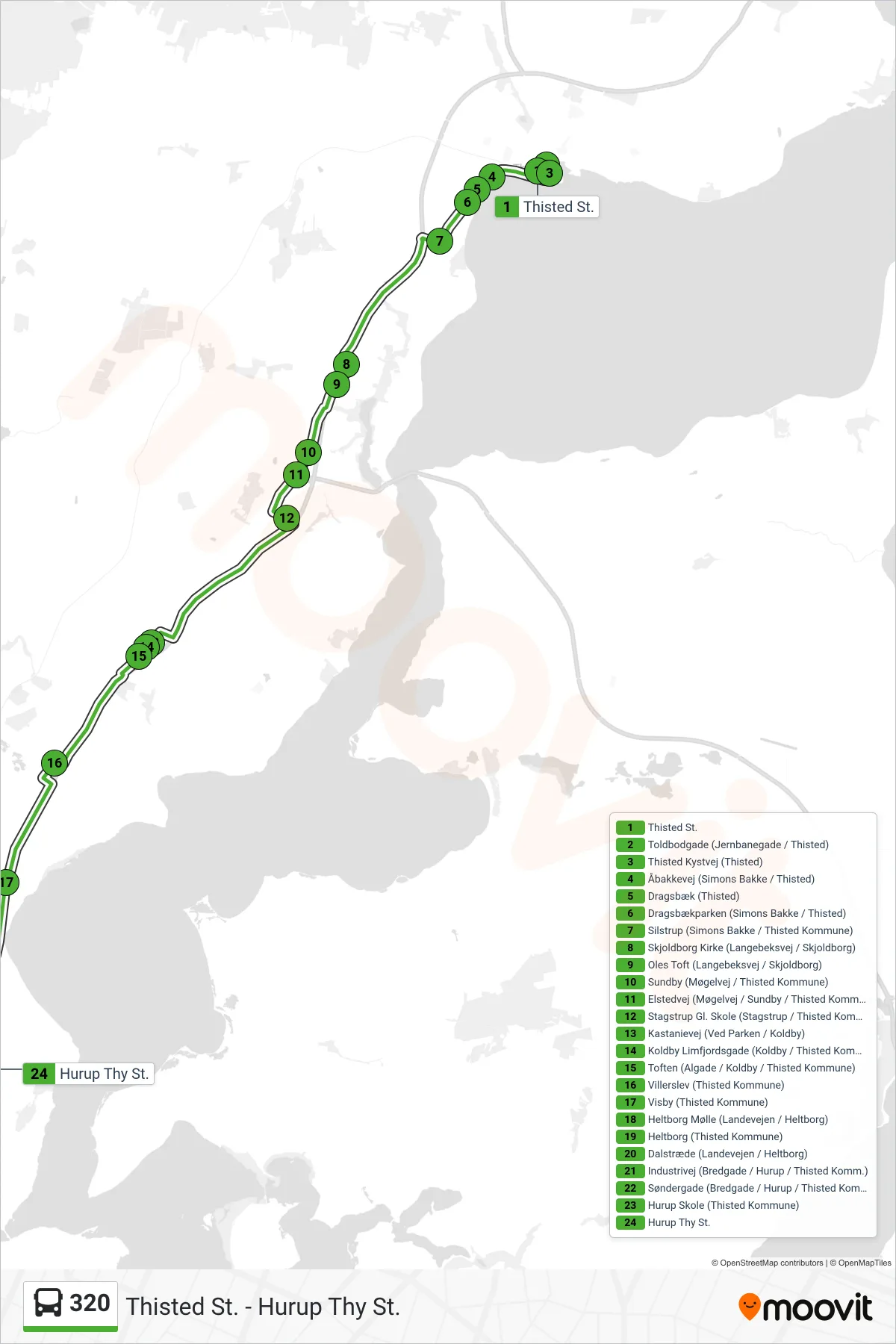 320 bus Linje (Hurup St.) rute og stop på et kort