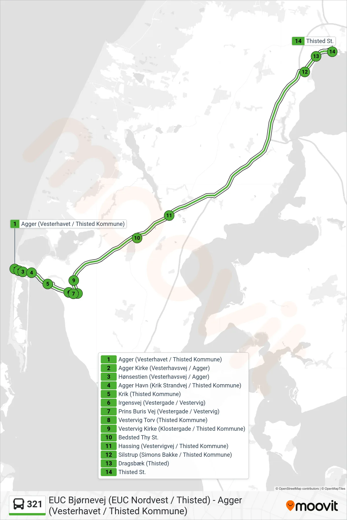 321 bus Linje (Thisted St.) rute og stop på et kort