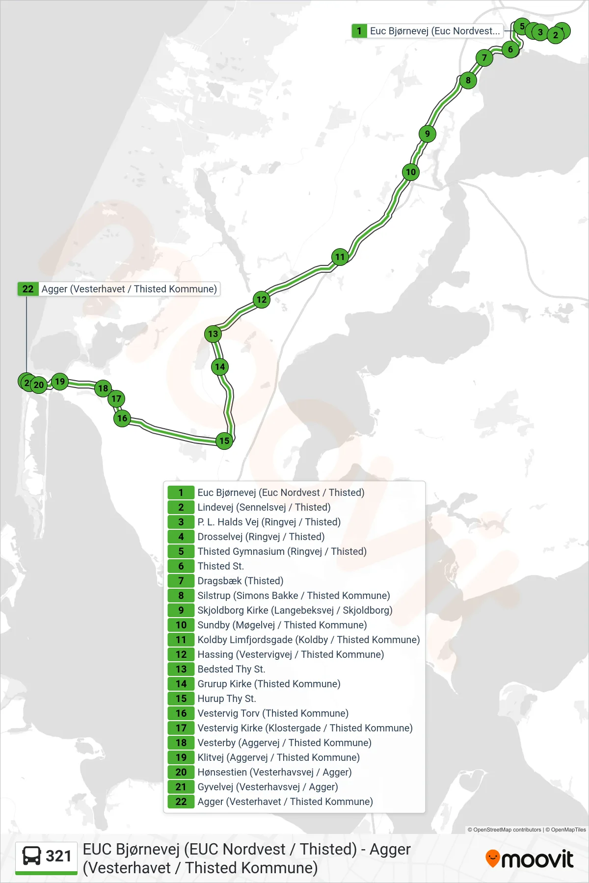 321 bus Linje (Agger (Vesterhavet / Thisted Kommune)) rute og stop på et kort