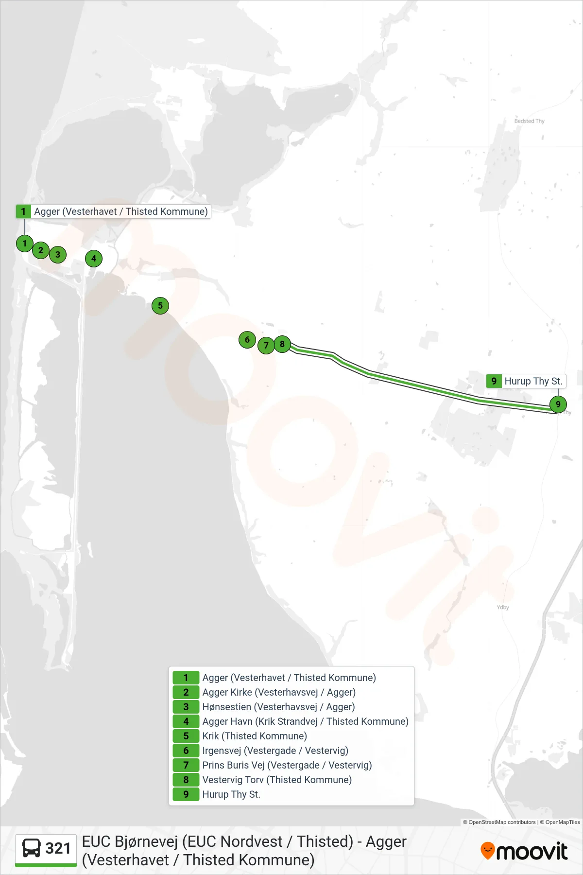 321 bus Linje (Hurup St.) rute og stop på et kort
