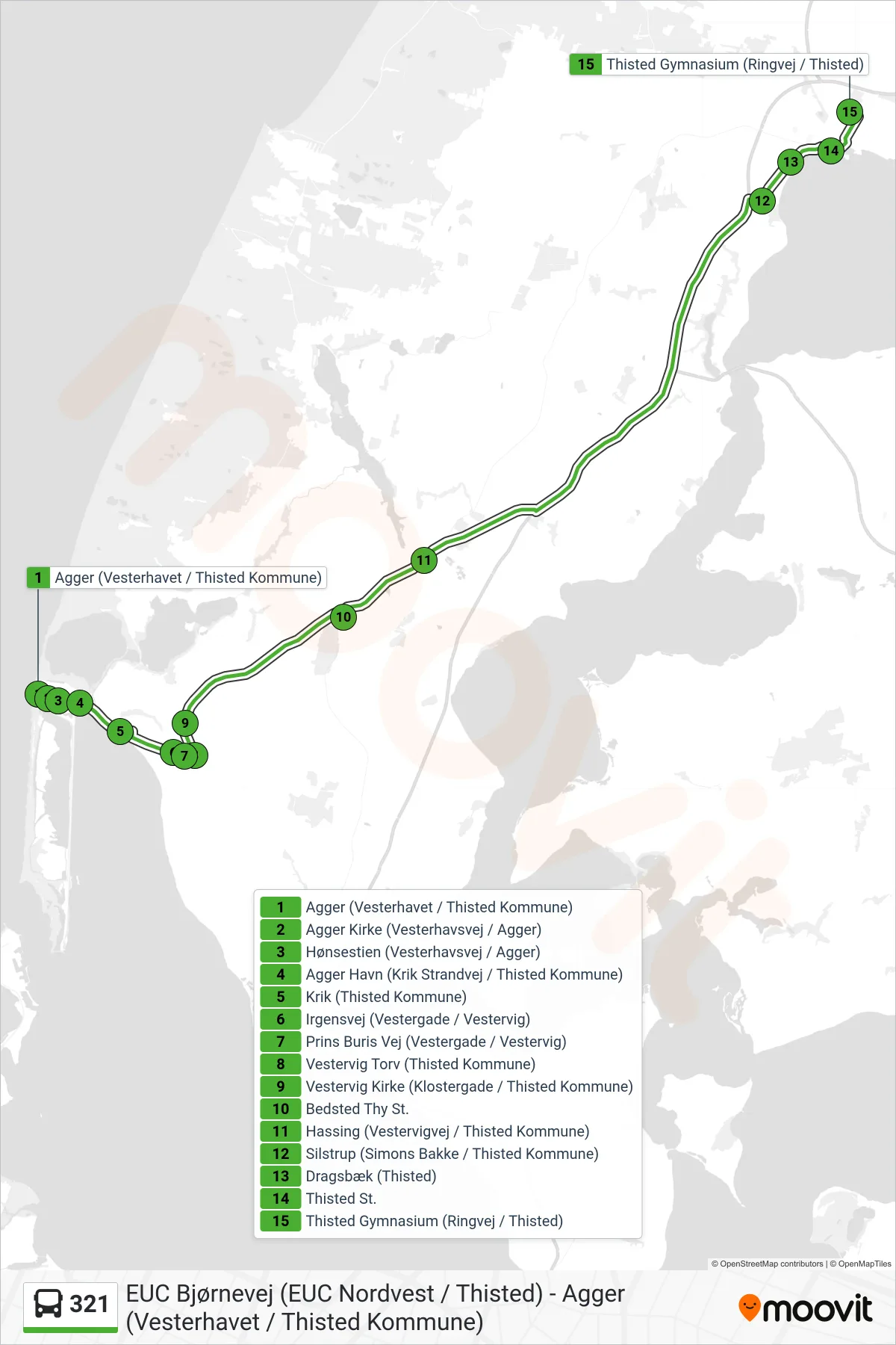 321 bus Linje (Thisted St / Gymn Via Bedsted) rute og stop på et kort