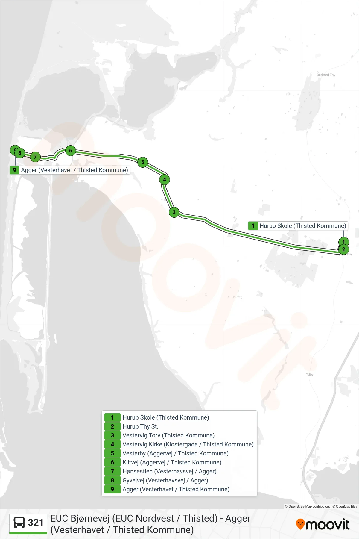 321 bus Linje (Agger Via Vestervig) rute og stop på et kort