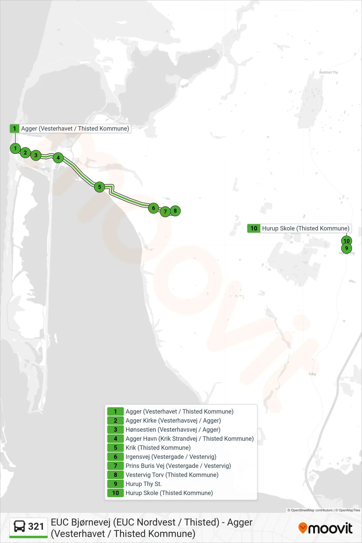 321 bus Linje (Hurup St / Skole) rute og stop på et kort