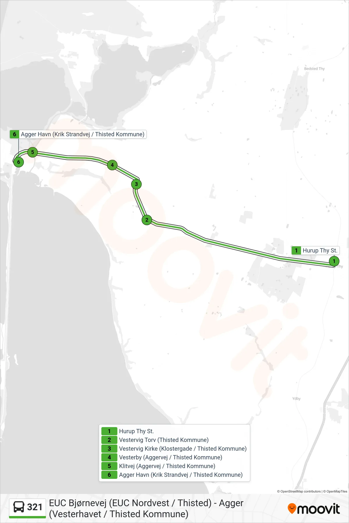 321 bus Line (Agger Havn) route and stops on a map