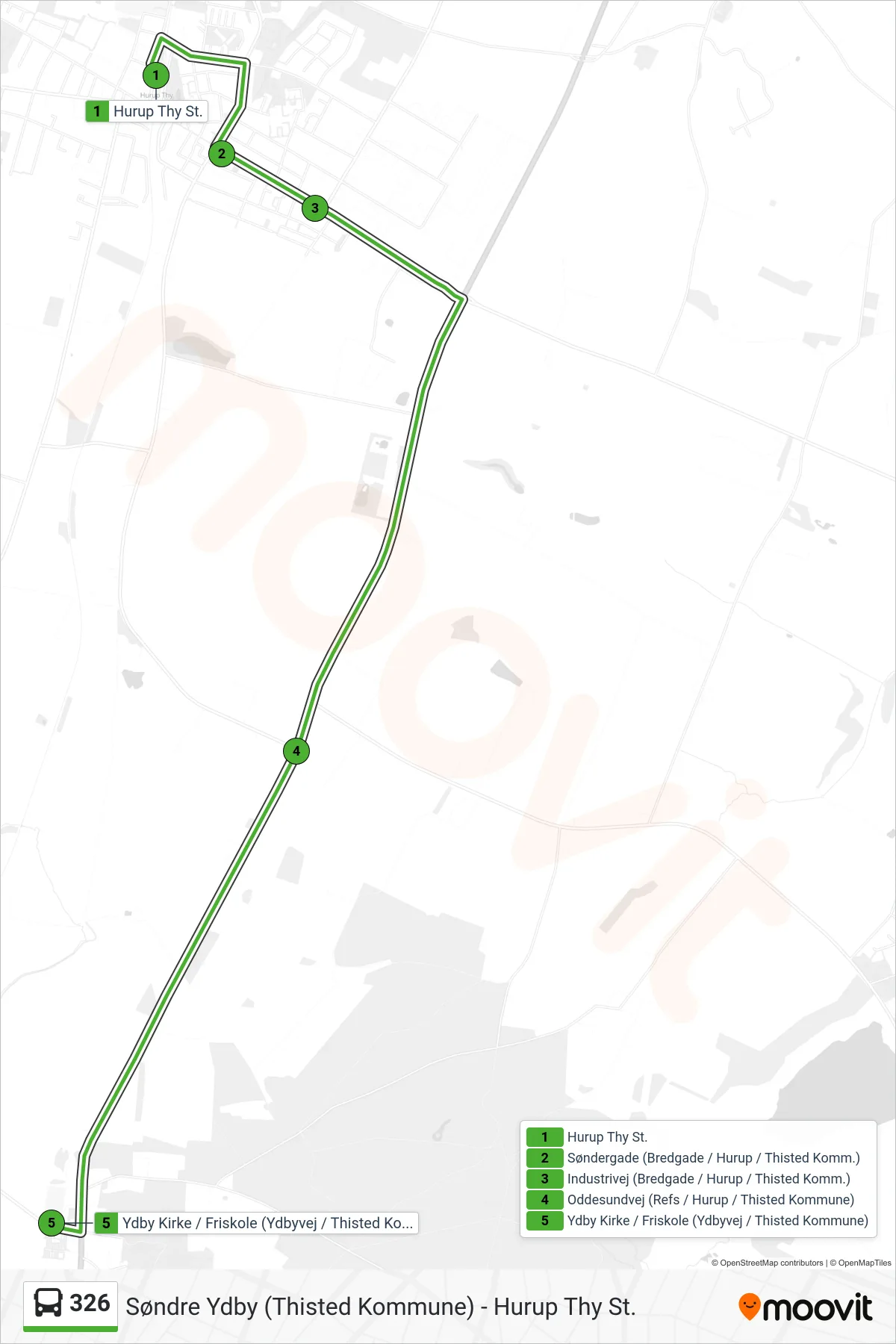 326 bus Linje (Ydby Kirke / Friskole (Ydbyvej / Thisted Kommune)) rute og stop på et kort