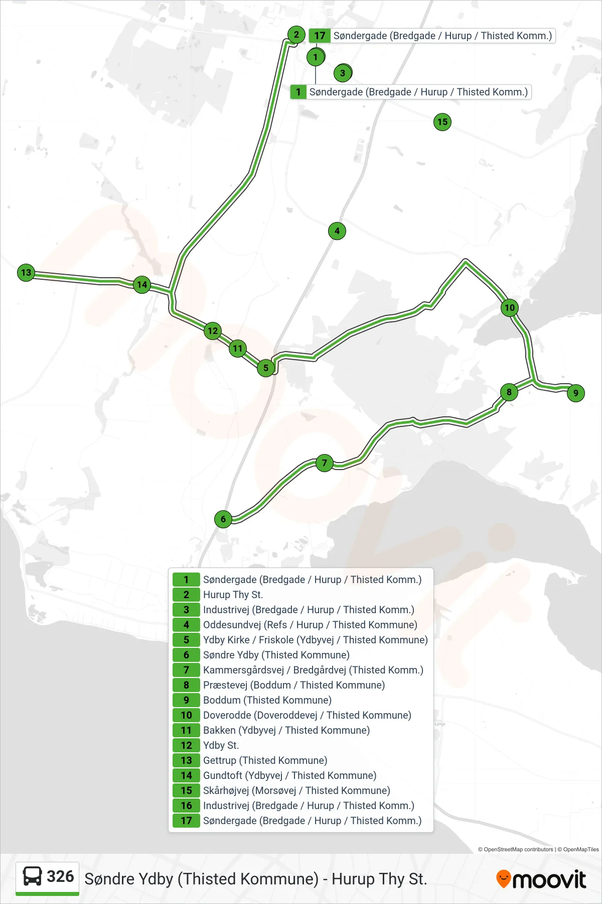 326 bus Linje (Ydby - Boddum - Hurup) rute og stop på et kort