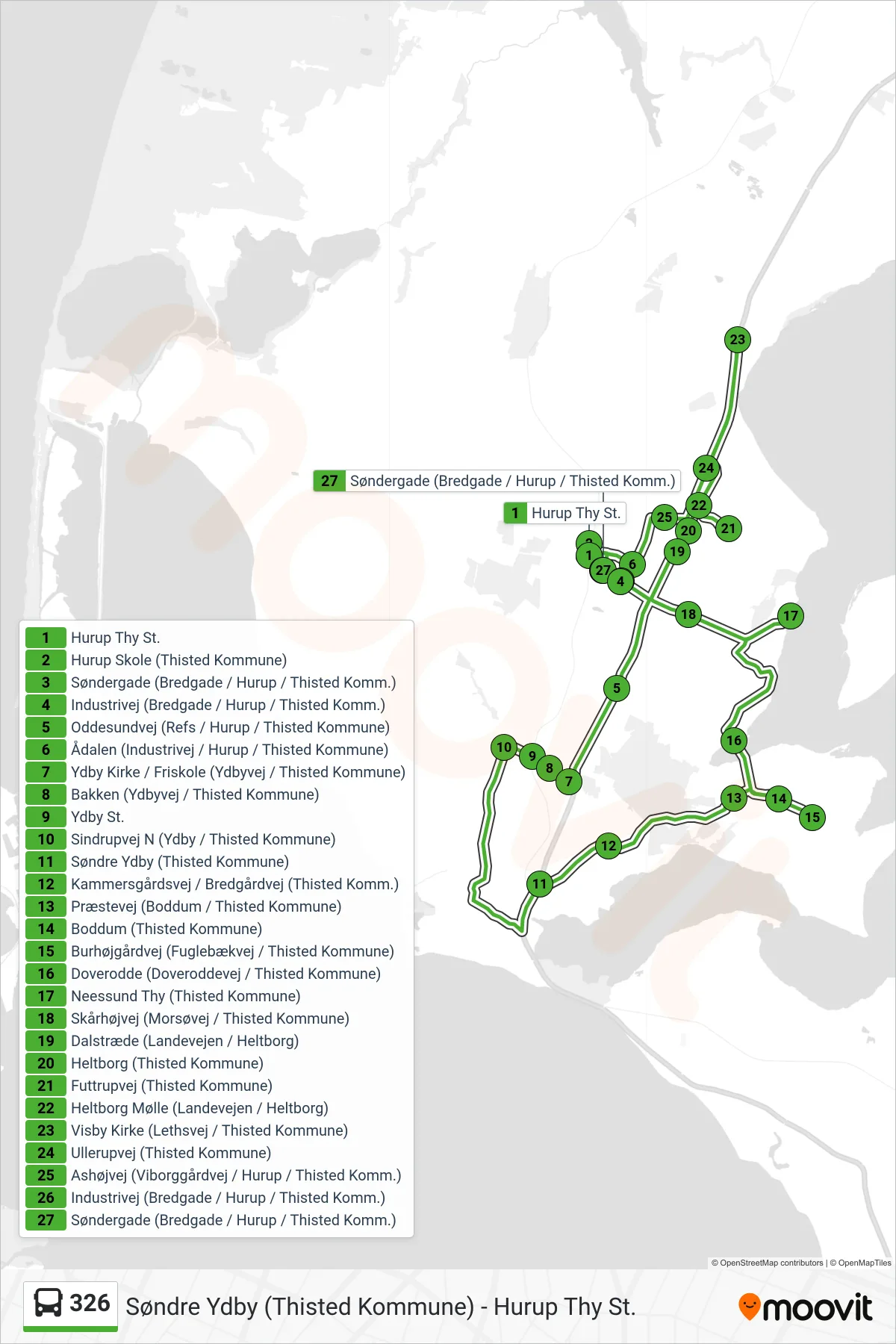 326 bus Linje (Ydby - Boddum - Heltborg - Hurup) rute og stop på et kort