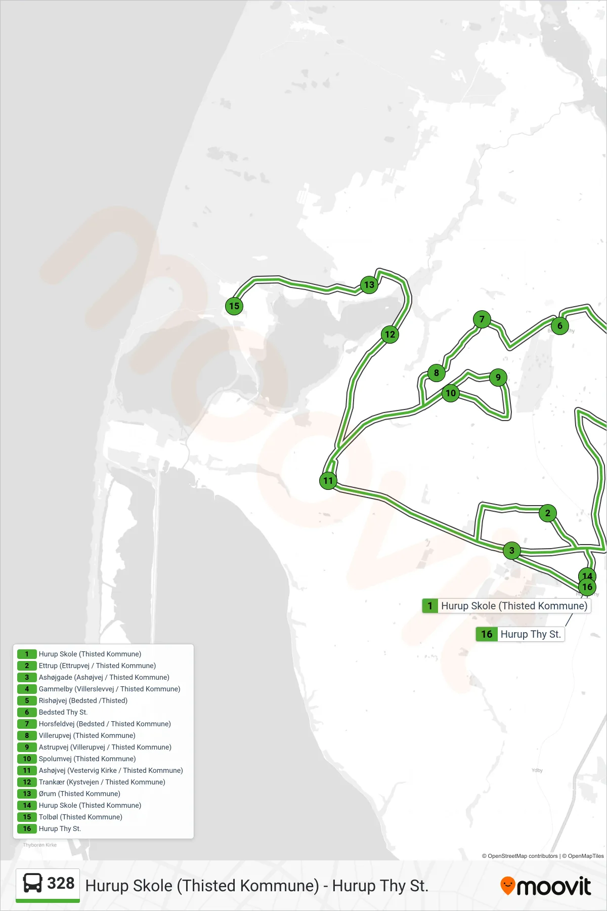 328 bus Linje (Bedsted - Ørum - Hurup) rute og stop på et kort