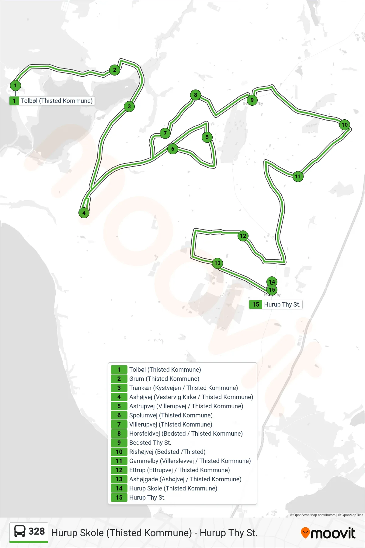 328 bus Linje (Hurup Via Bedsted) rute og stop på et kort