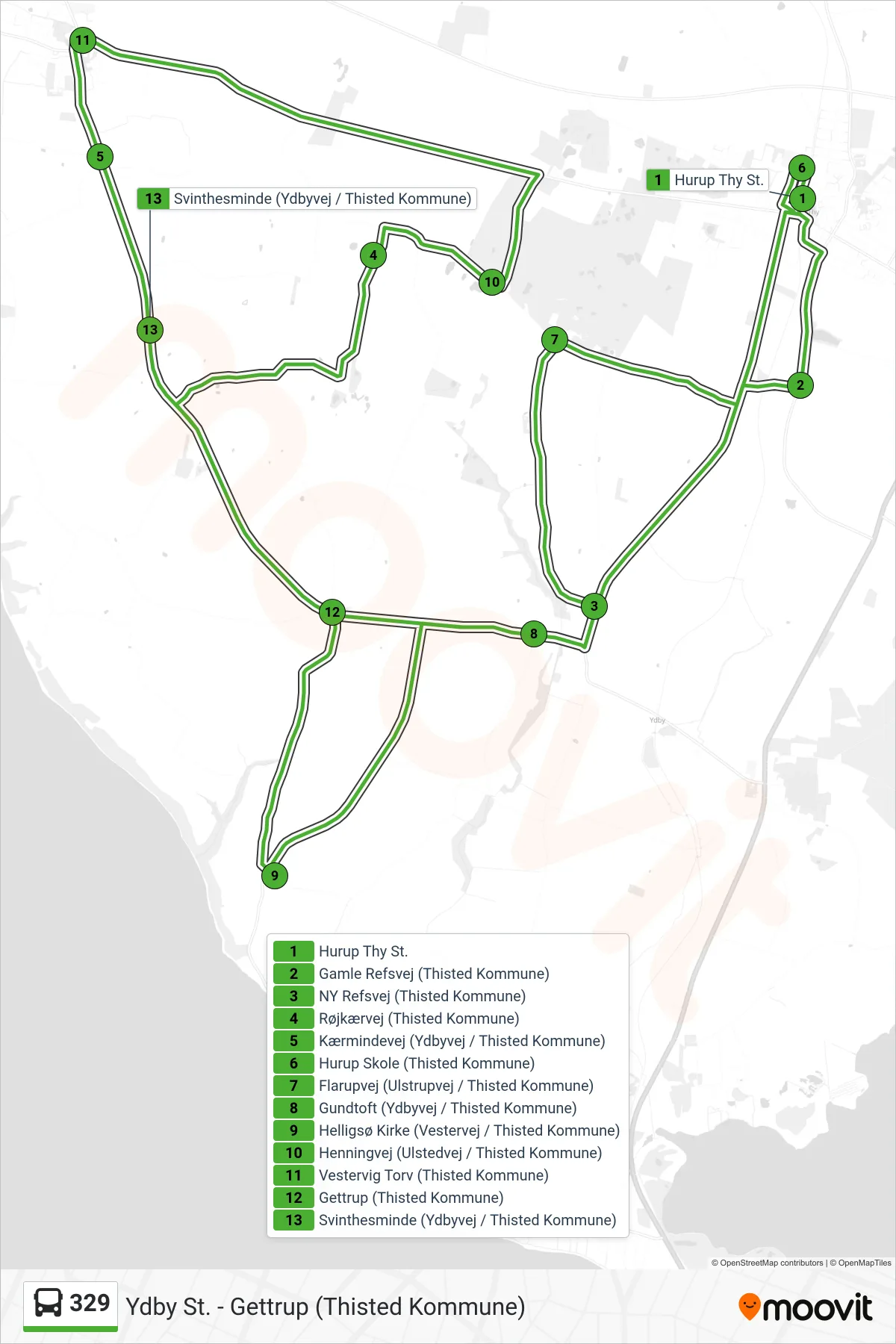 329 bus Line (Gettrup - Vestervig - Gettrup - Hurup) route and stops on a map
