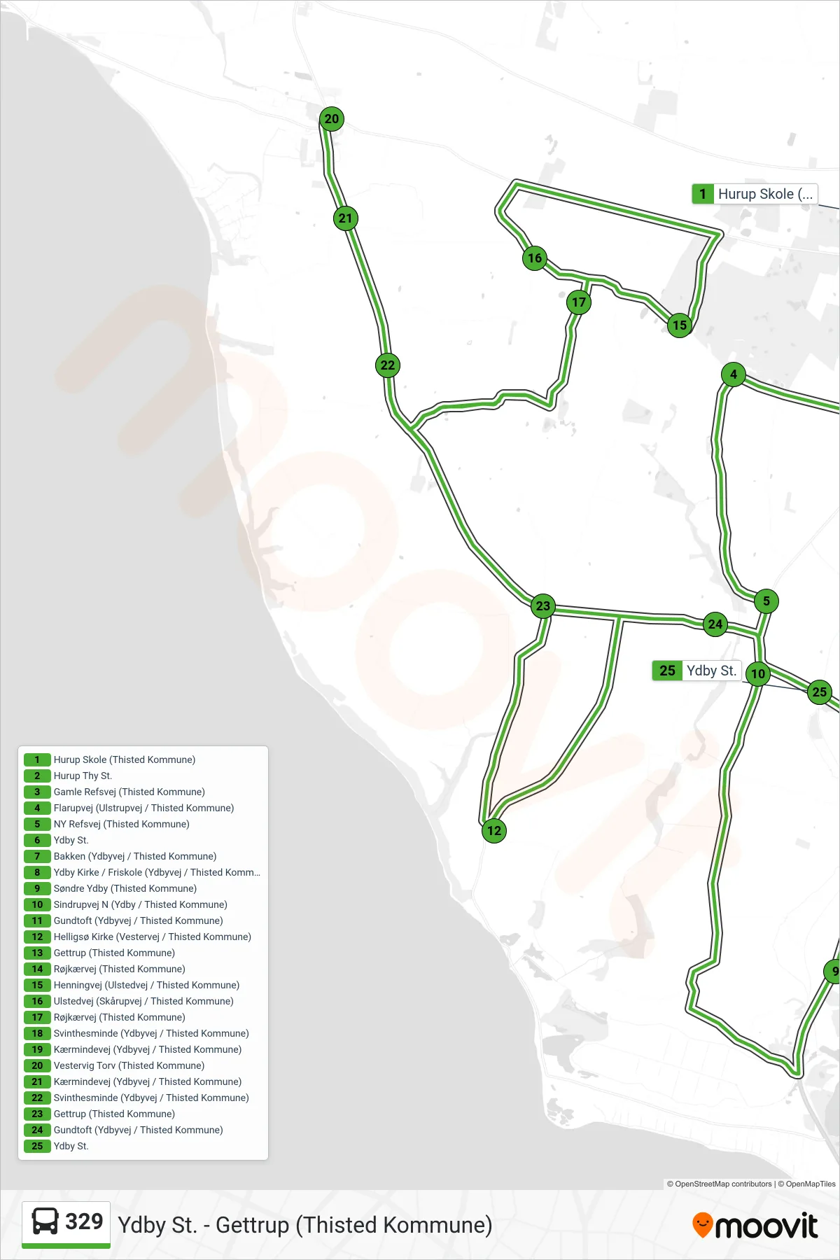 329 bus Linje (Gettrup - Vestervig - Gettrup - Ydby) rute og stop på et kort