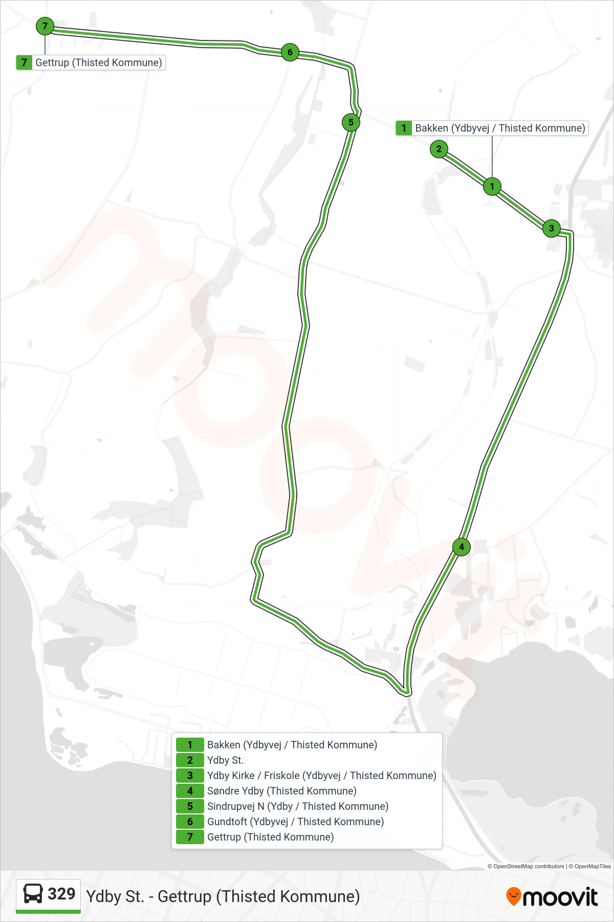 329 bus Linje (Ydby - Gettrup) rute og stop på et kort