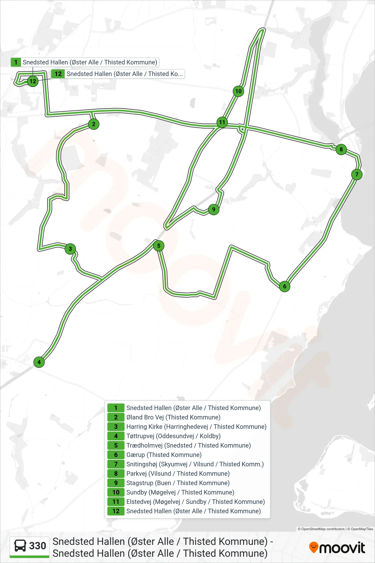 330 bus Linje (Snedsted Hallen (Øster Alle / Thisted Kommune)) rute og stop på et kort