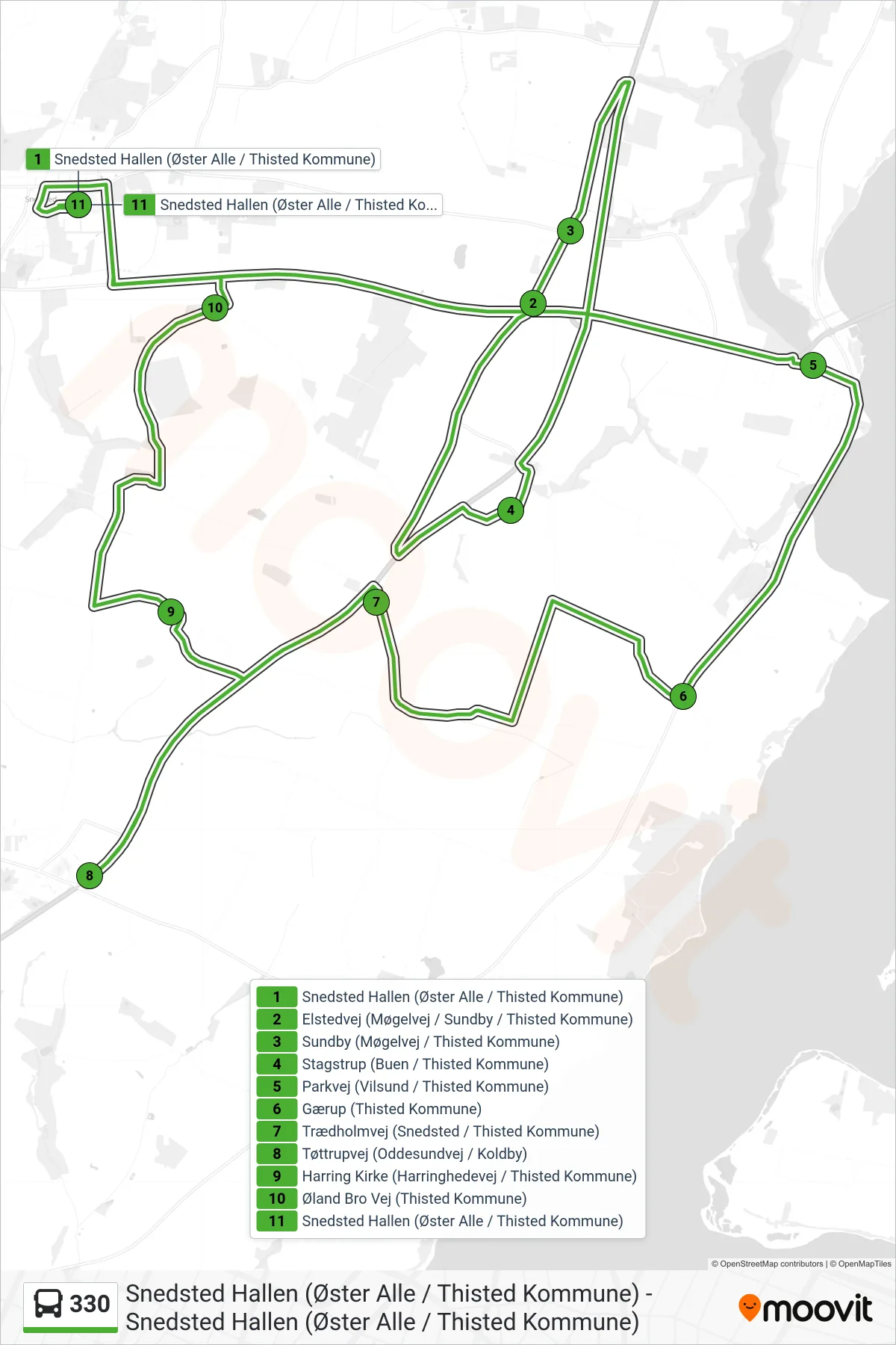 330 bus Linje (Sundby - Vilsund - Gærup - Snedsted) rute og stop på et kort