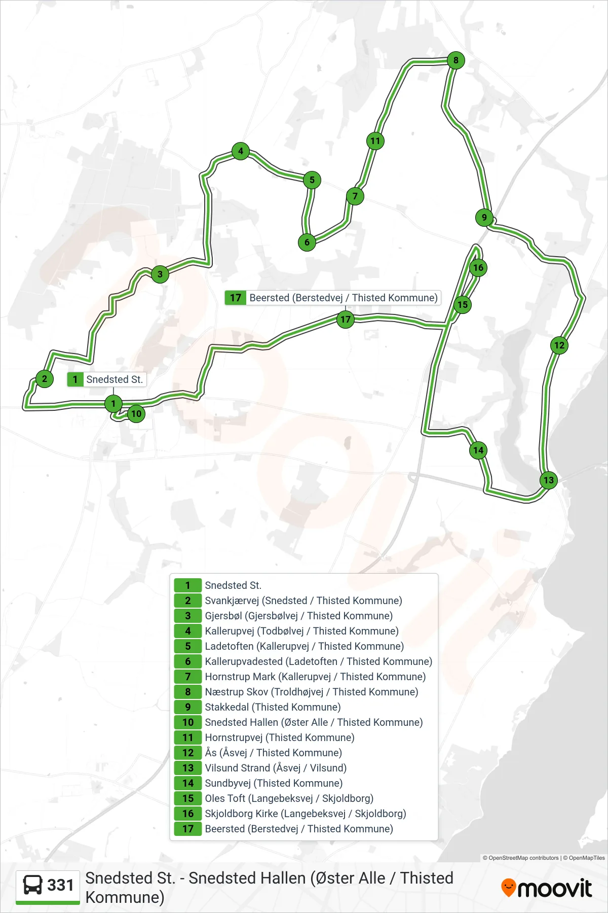 331 bus Linje (Ås - Vilsund- Skjoldborg - Snedsted) rute og stop på et kort
