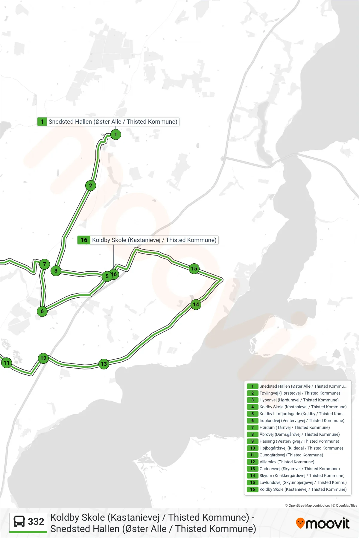 332 bus Linje (Koldby Skole (Kastanievej / Thisted Kommune)) rute og stop på et kort
