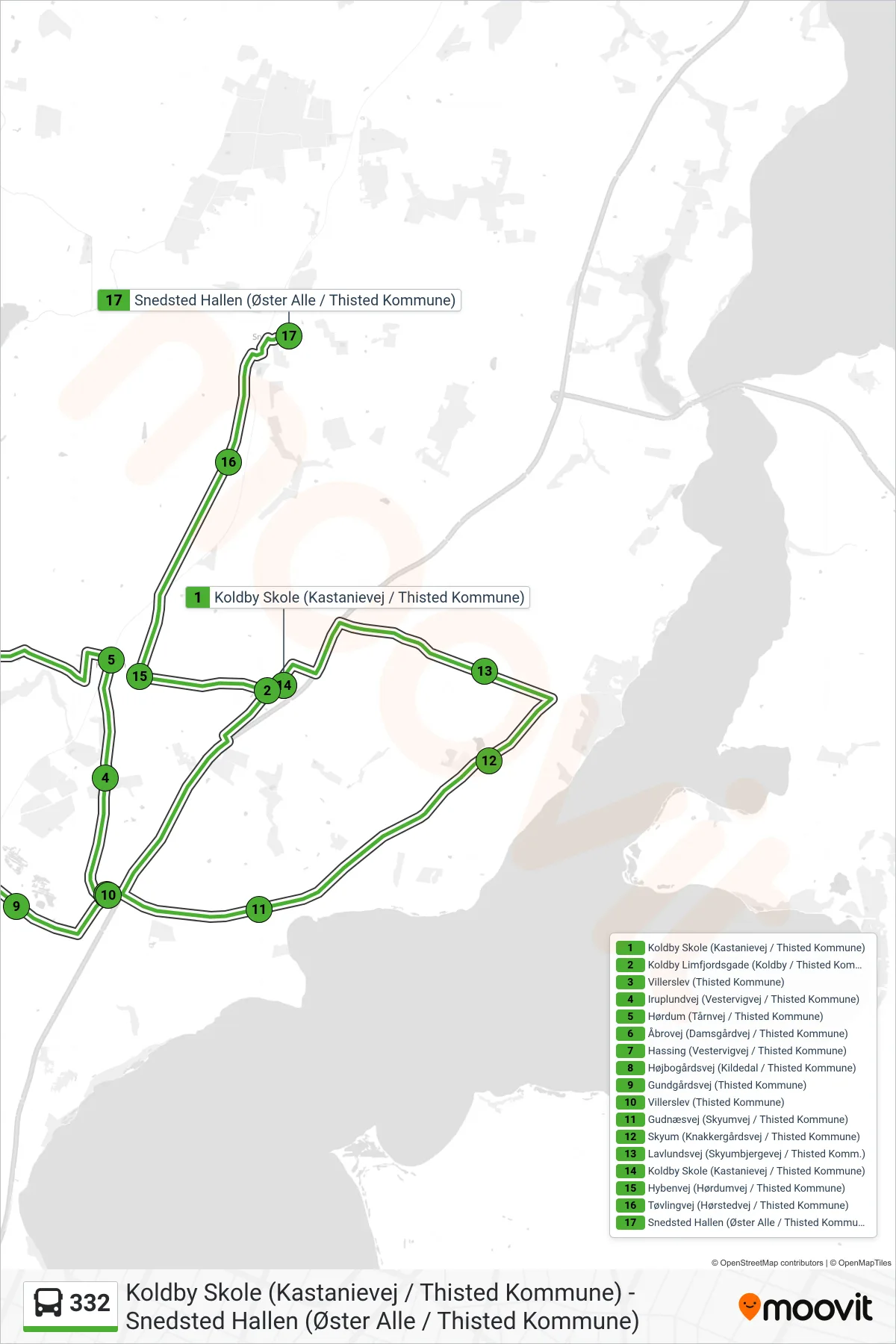 332 bus Linje (Hassing - Koldby - Snedsted) rute og stop på et kort
