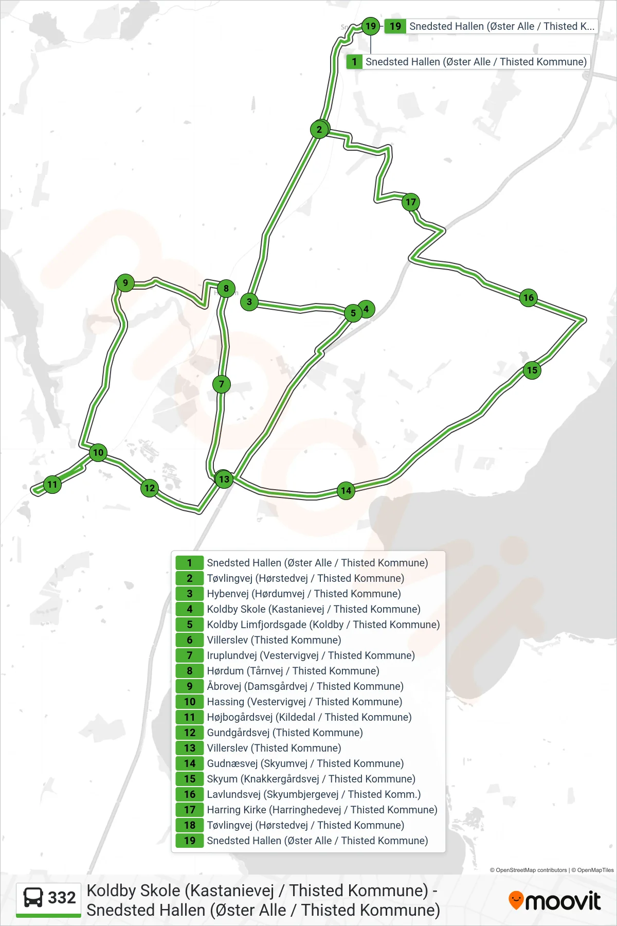 332 bus Line (Koldby - Hassing - Snedsted) route and stops on a map